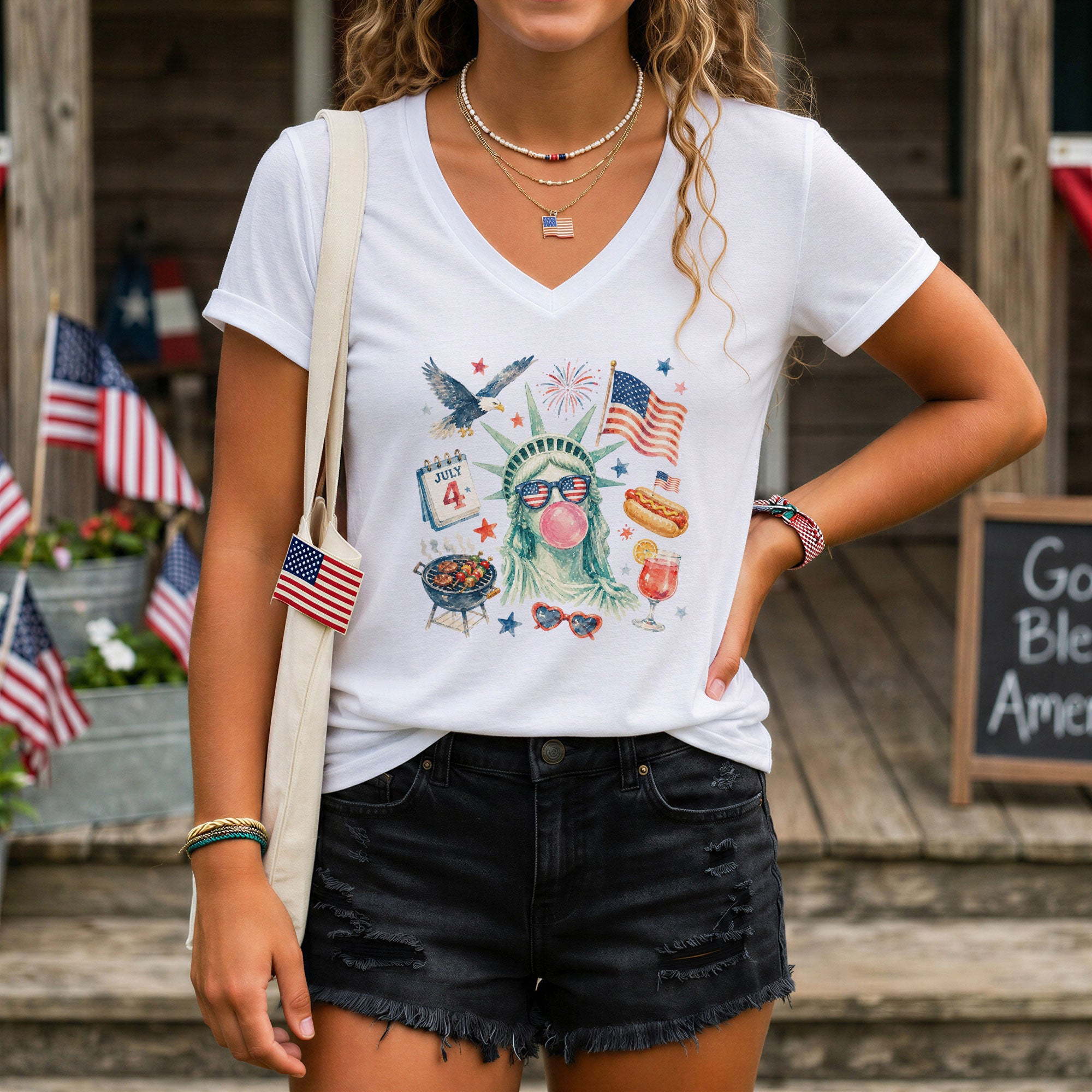 4th of July BBQ V-Neck Shirt Statue of Liberty Bubble Gum Hot Dog Patriotic Graphic Tee