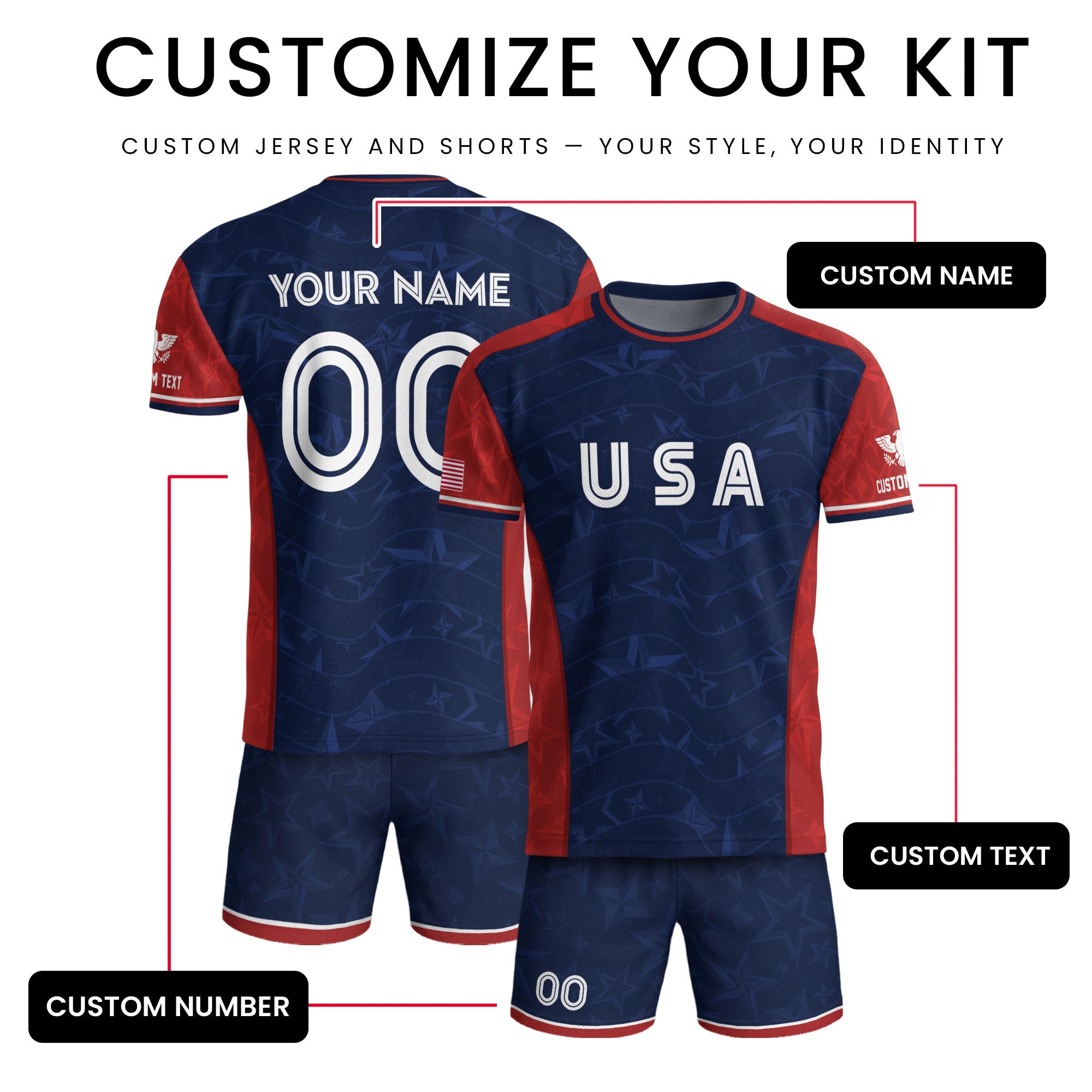 Custom Name Number USA Soccer Jersey Patriotic Stars Stripes Sports Team Shirt