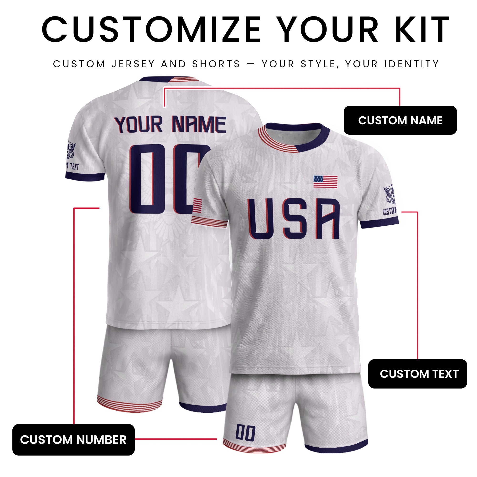 Personalized USA Soccer Jersey White Custom Name Number Patriotic Outdoor Sportswear