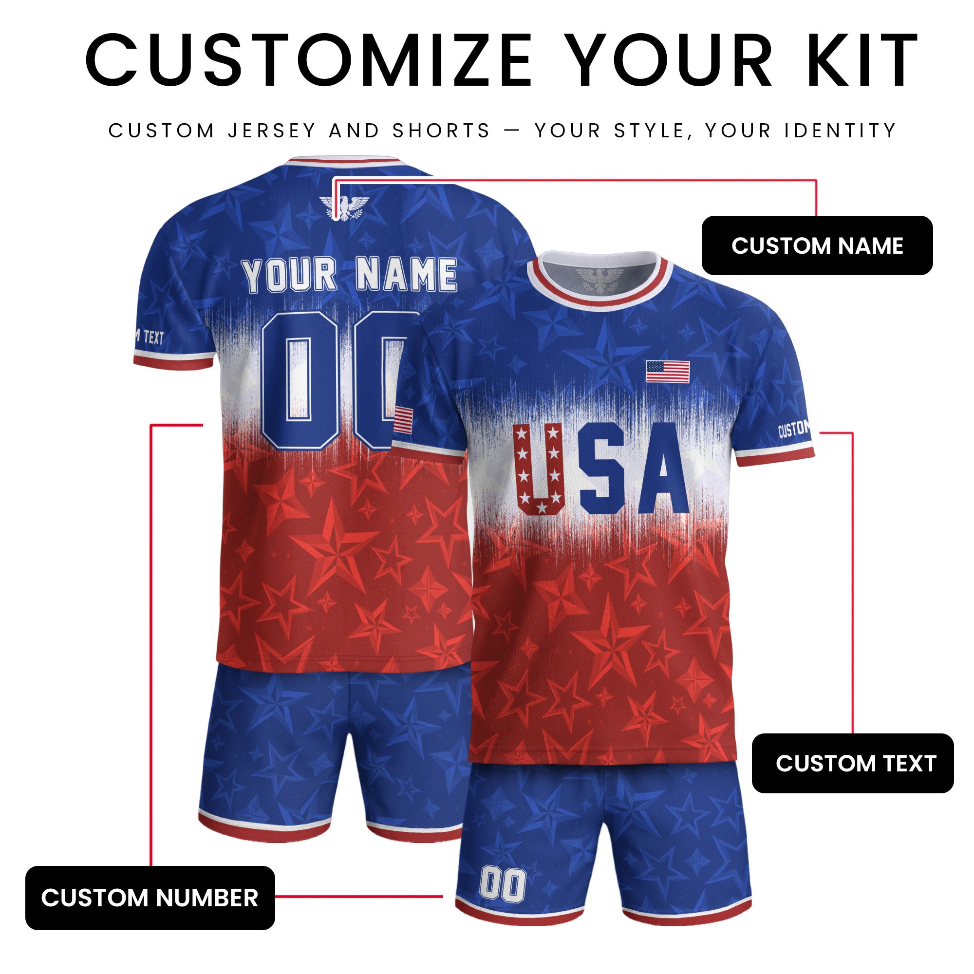 Customized USA Soccer Jersey Crewneck Ombre Stars Patriotic Graphic Tee Athletic Top