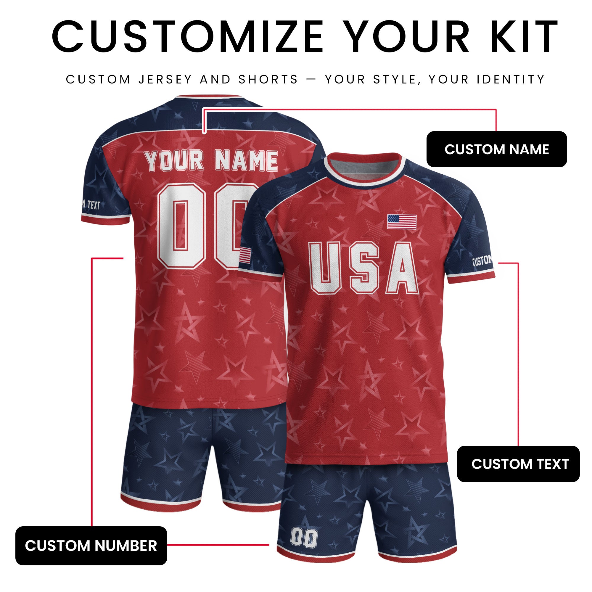 Custom Name Number USA Soccer Jersey Red Raglan Patriotic Stars Football Team Shirt