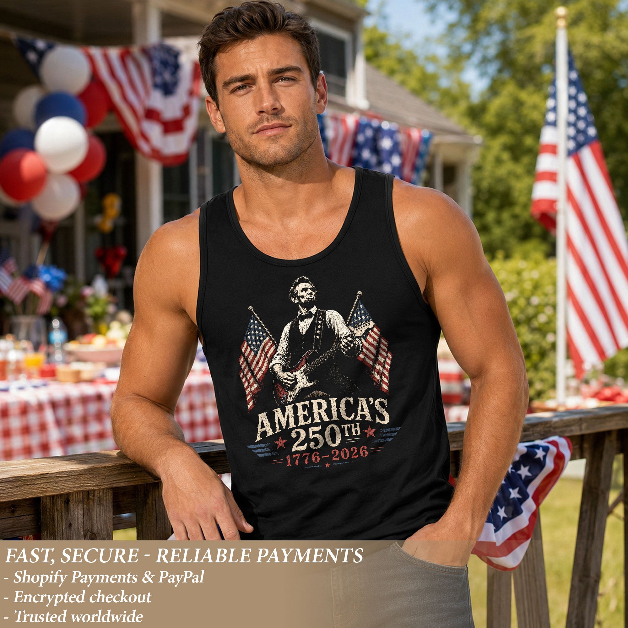 Lincoln Rock Guitar Men Tank Top Vintage 1776-2026 Patriotic Sleeveless Shirt