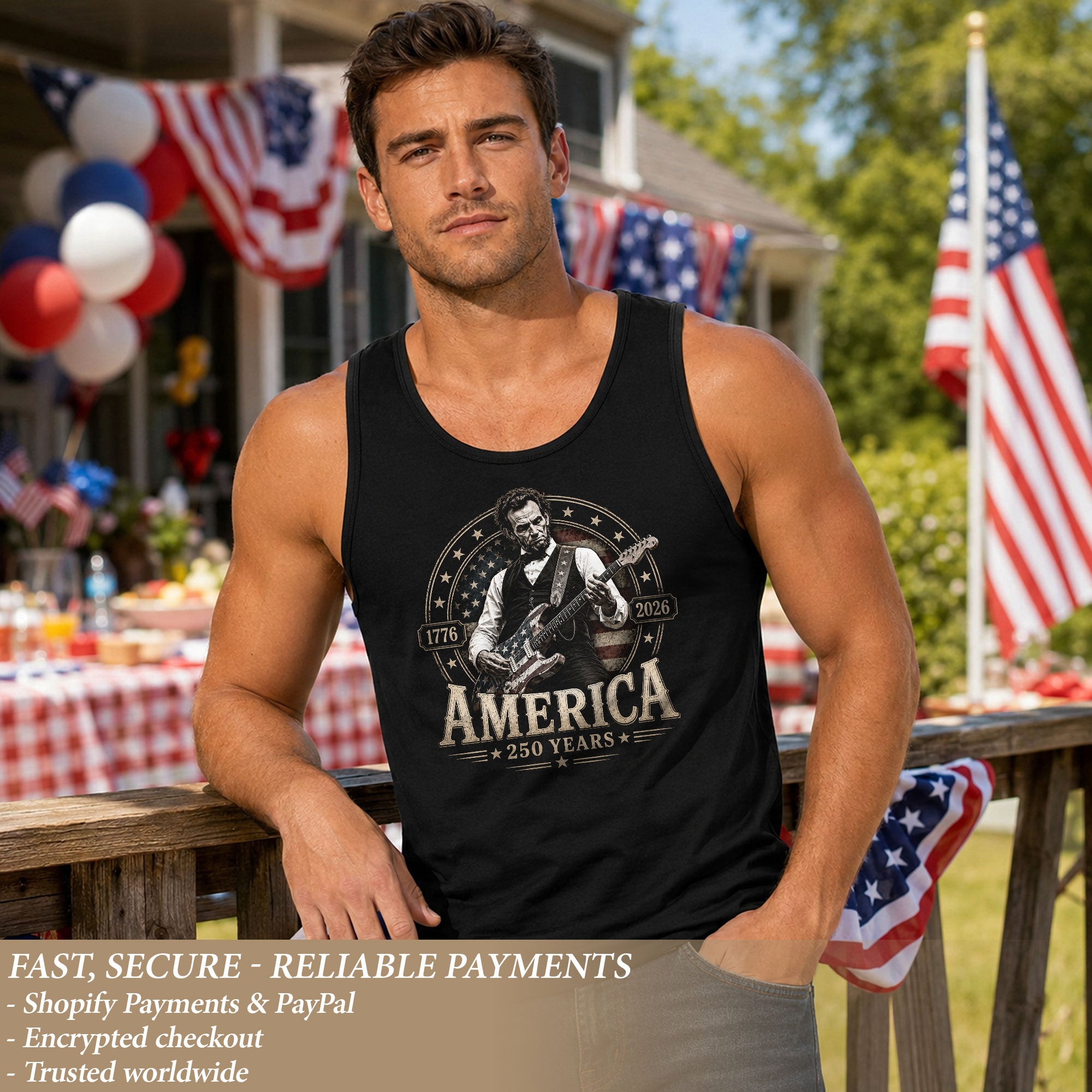 Abraham Lincoln Guitar Mens Tank Top Cool Stars Stripes 250 Years Heritage Shirt