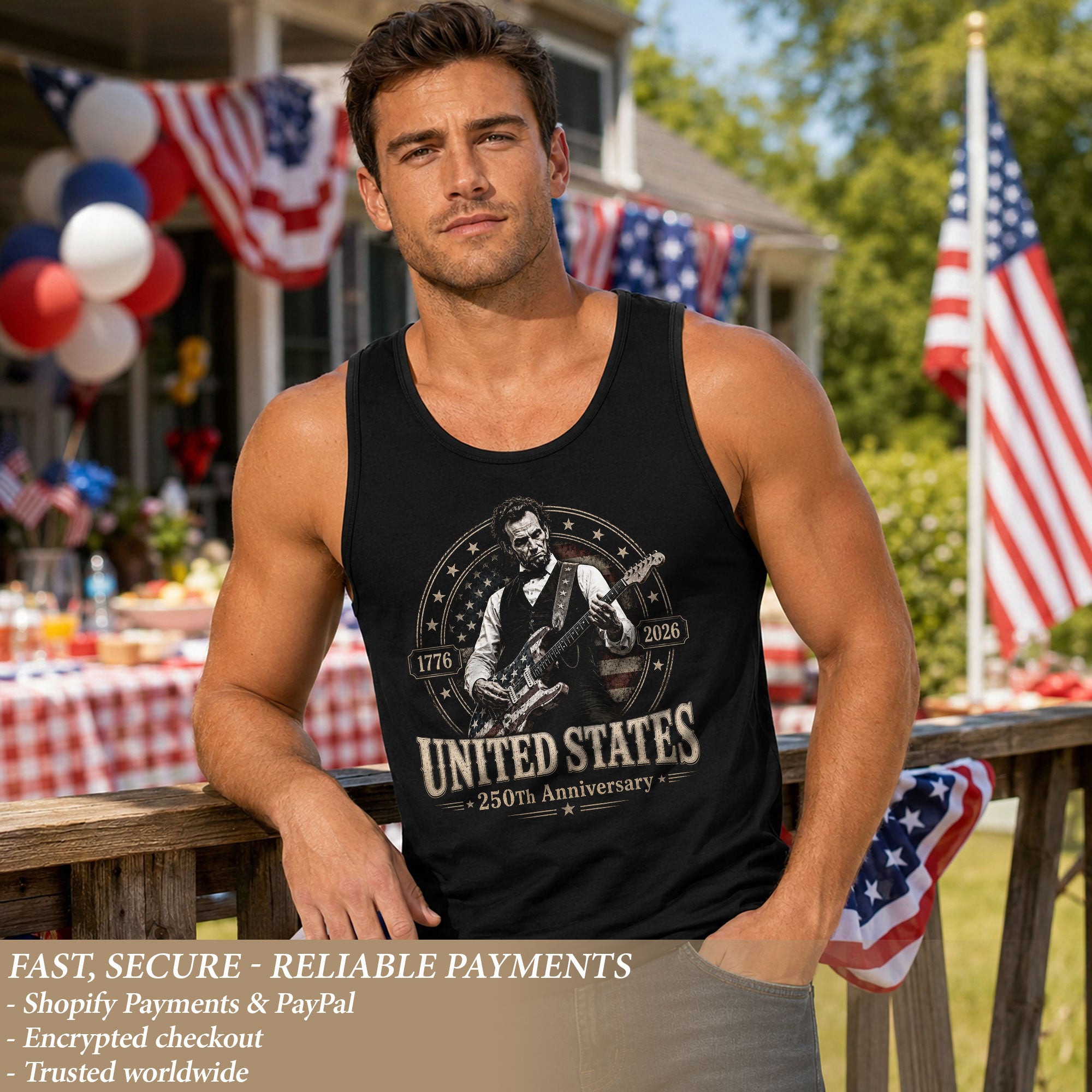 Abraham Lincoln Guitar Mens Tank Top Cool Stars Stripes 250 Years Heritage Shirt