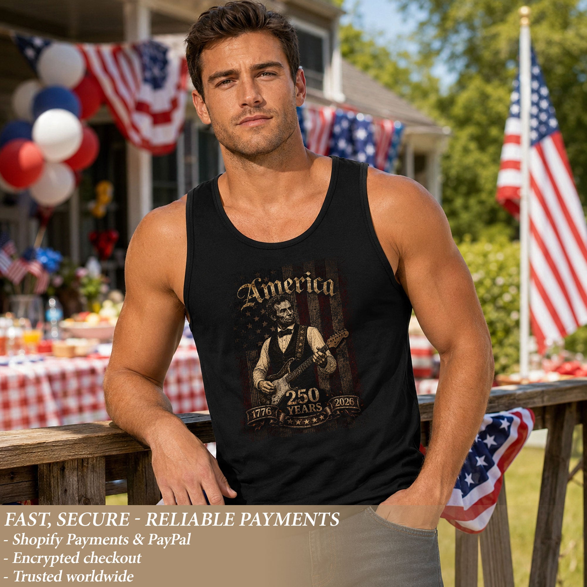 Abraham Lincoln Guitar Tank Top 1776-2026 Patriotic Vintage Men Graphic Shirt