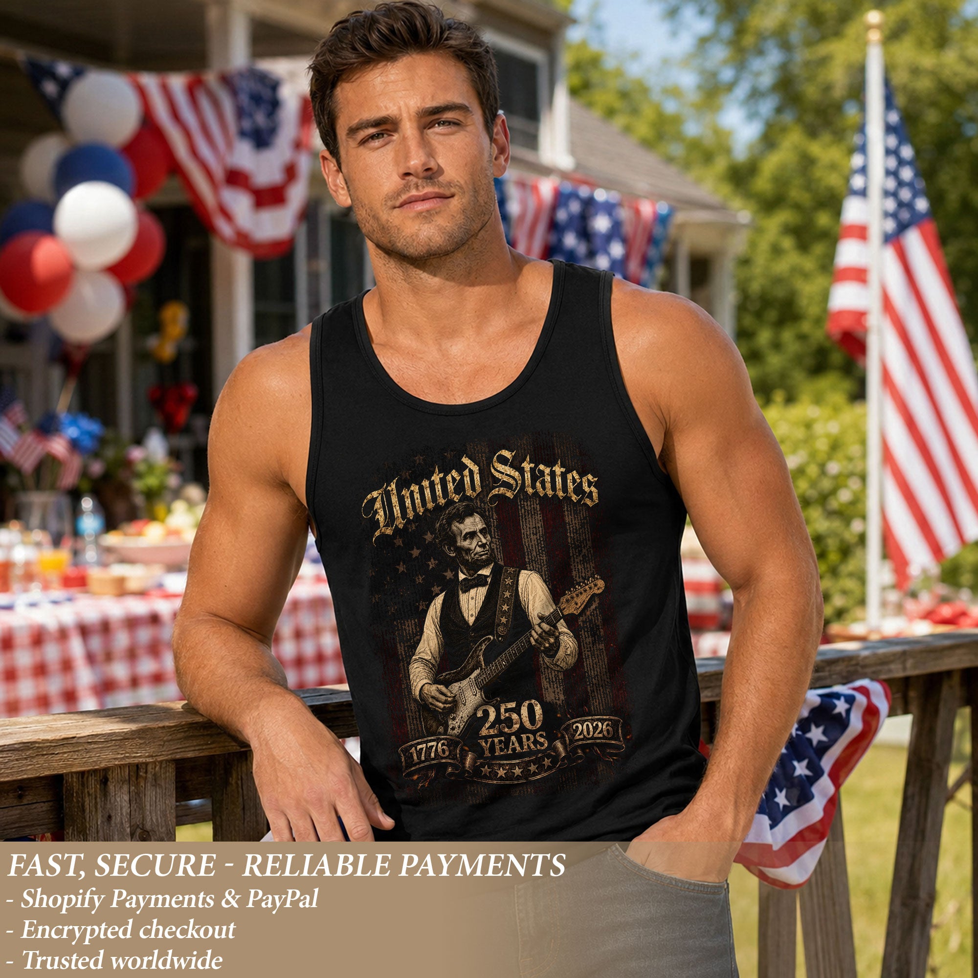 Abraham Lincoln Guitar Tank Top 1776-2026 Patriotic Vintage Men Graphic Shirt