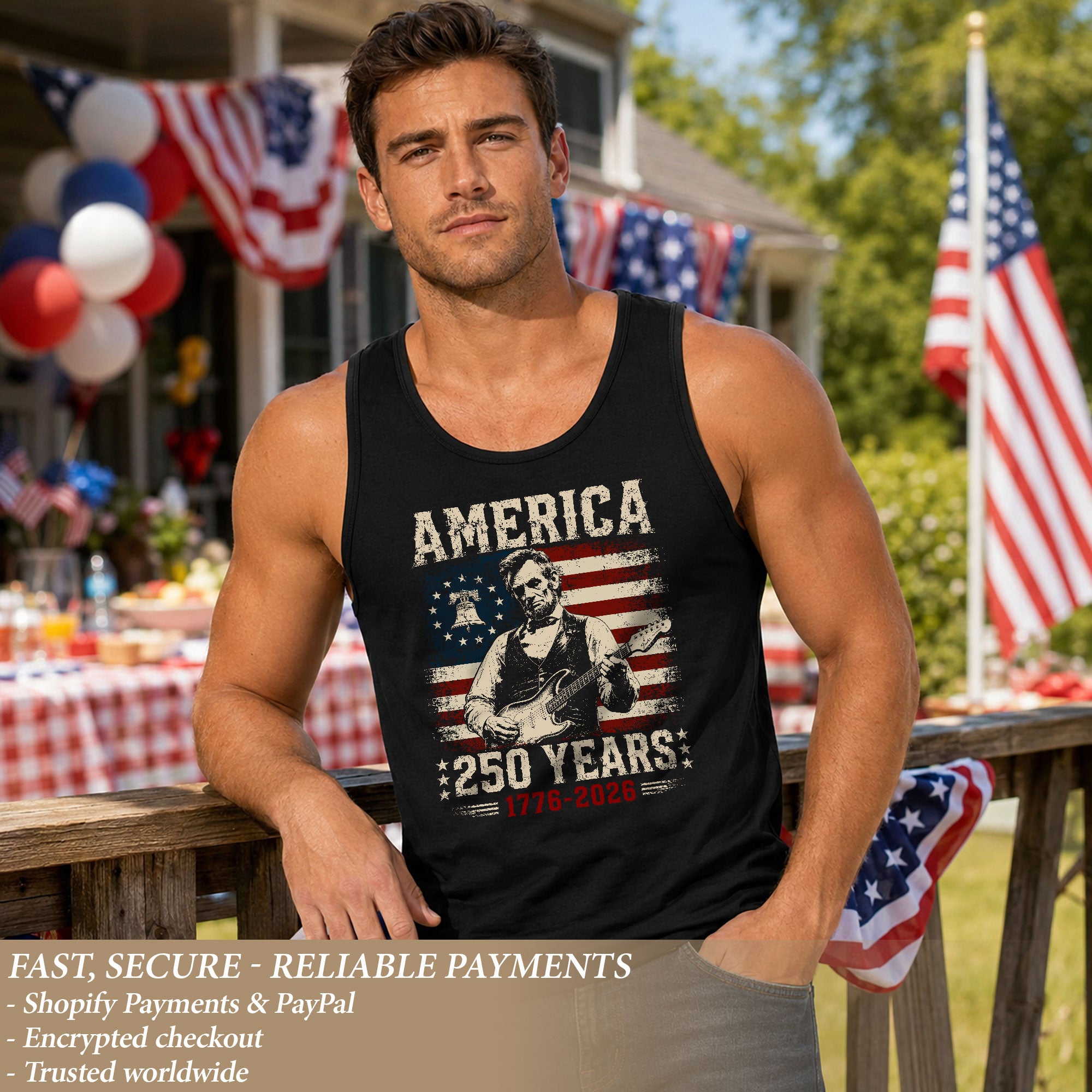 Lincoln Liberty Bell Guitar Tank Top 1776-2026 Patriotic Vintage Men Graphic Shirt