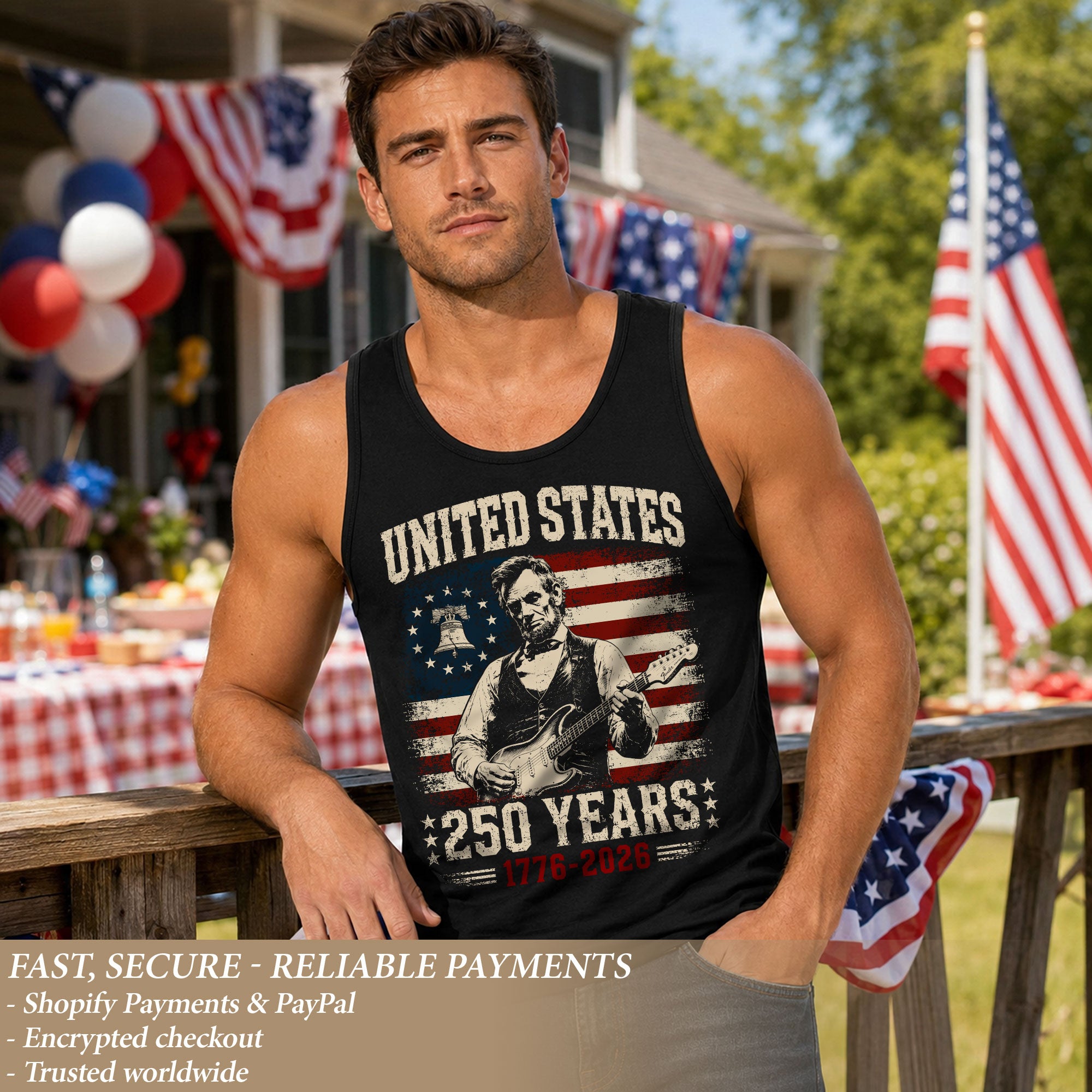 Lincoln Liberty Bell Guitar Tank Top 1776-2026 Patriotic Vintage Men Graphic Shirt