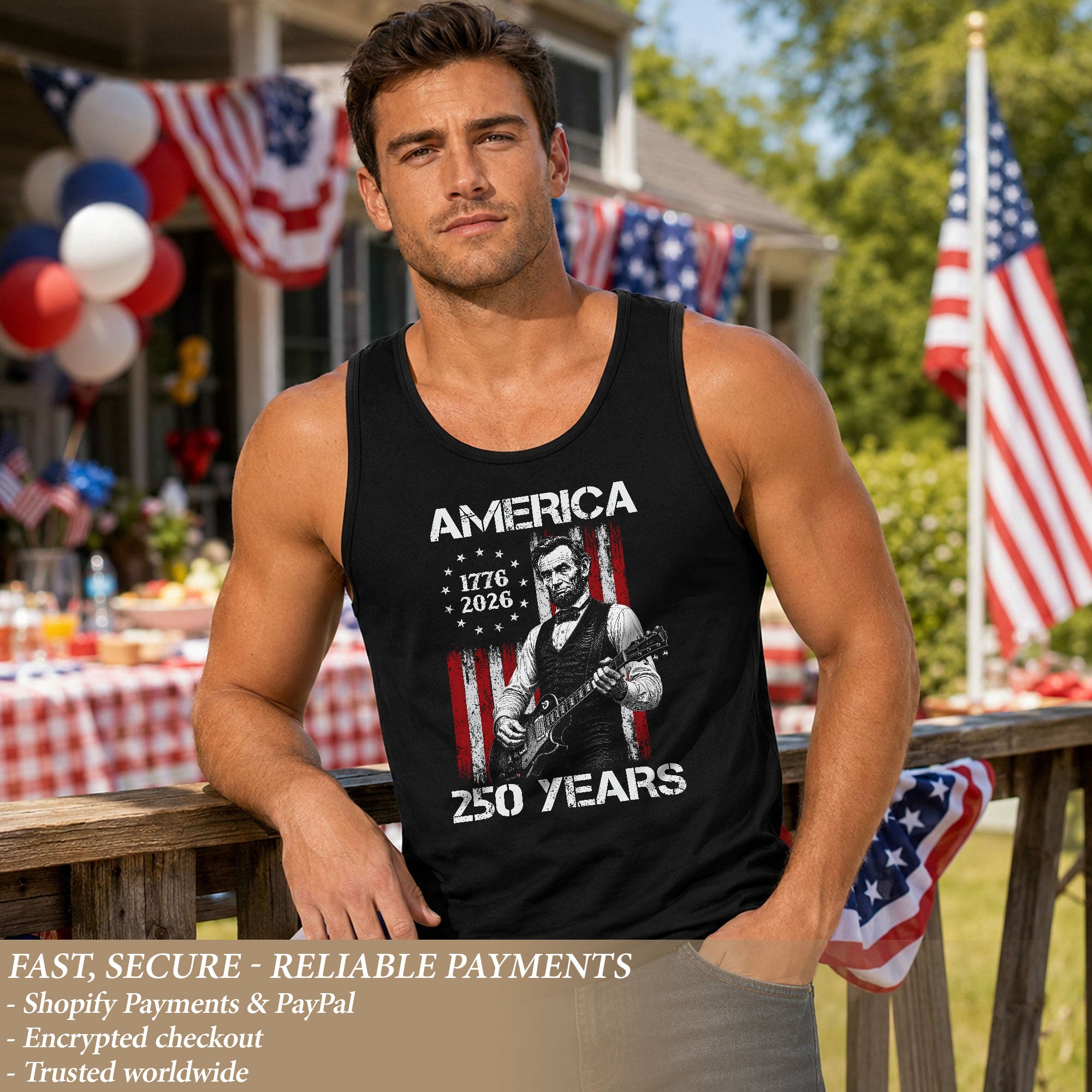 Rockstar Lincoln Guitar Tank Top 1776-2026 Patriotic Retro Men Graphic Sleeveless Shirt