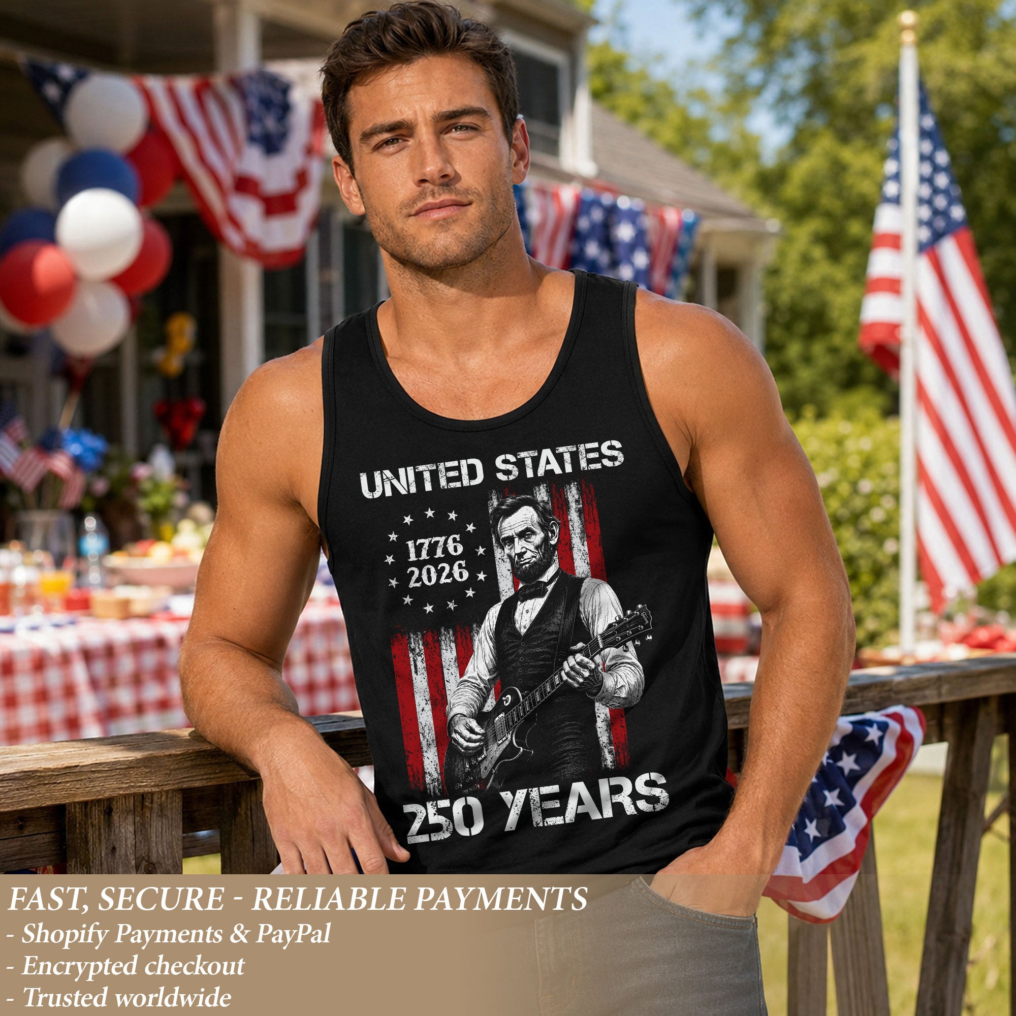 Rockstar Lincoln Guitar Tank Top 1776-2026 Patriotic Retro Men Graphic Sleeveless Shirt