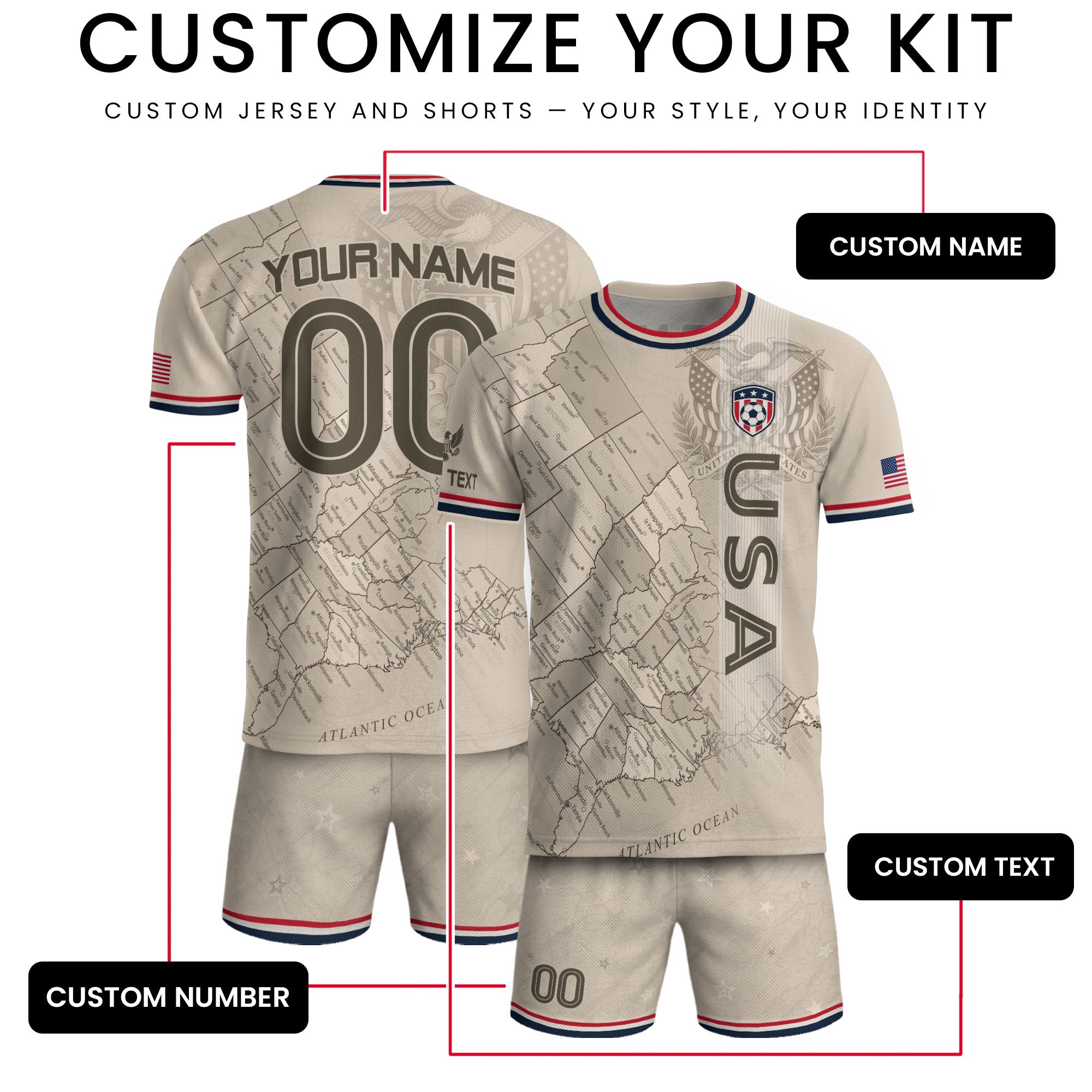 Personalized USA Soccer Jersey Custom Name Number Vintage Map Athletic Training Top