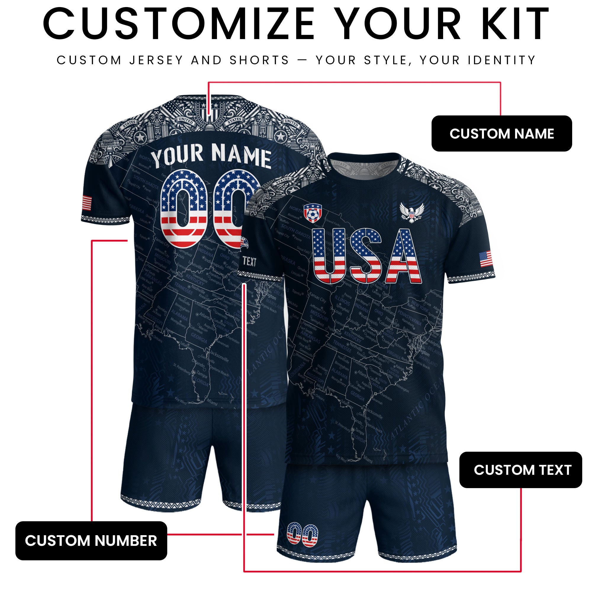 Custom Name Number USA Soccer Jersey Vintage Map Patriotic Navy Blue Football Team Shirt