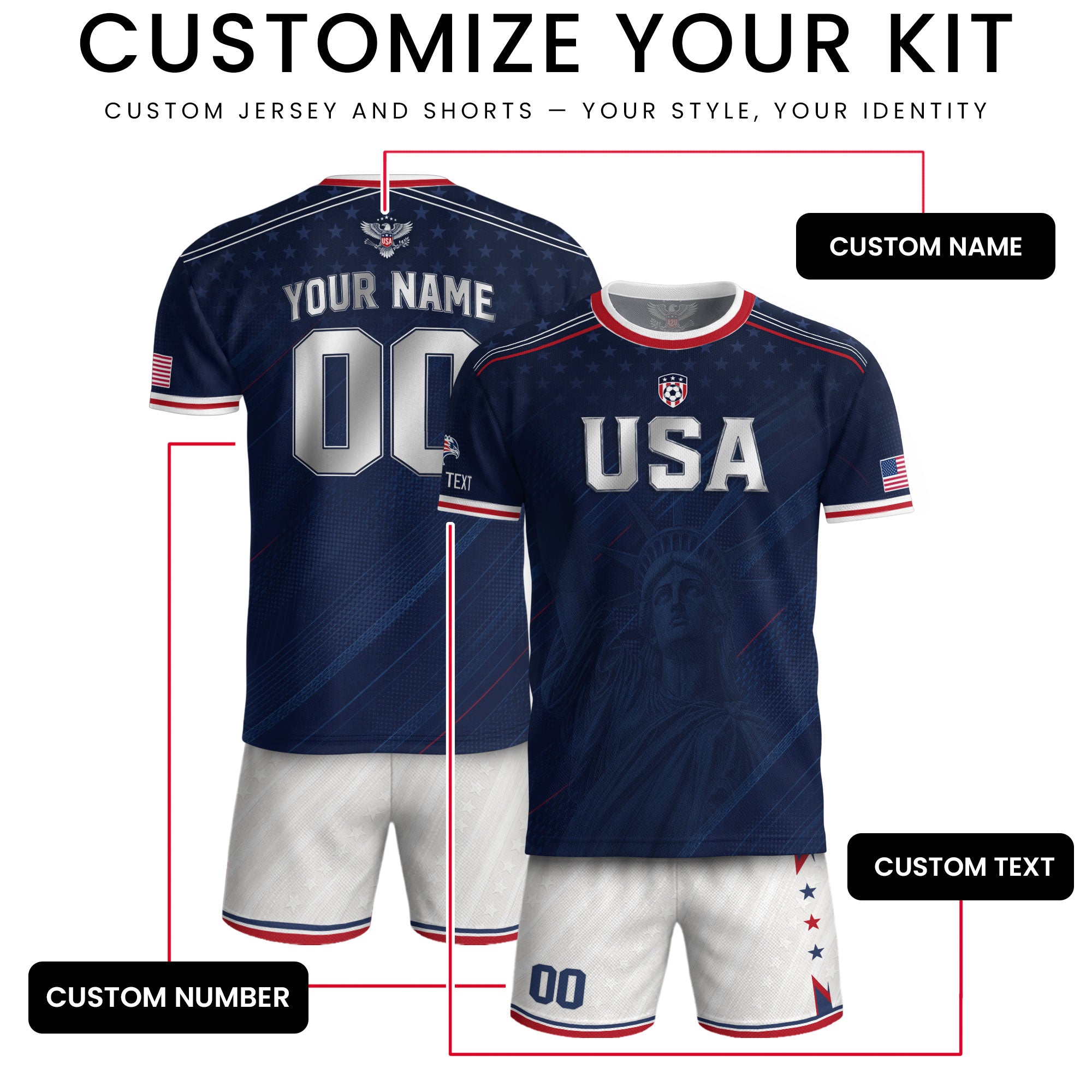 Custom Name Number USA Soccer Jersey Liberty Patriotic Navy Blue Football Team Shirt