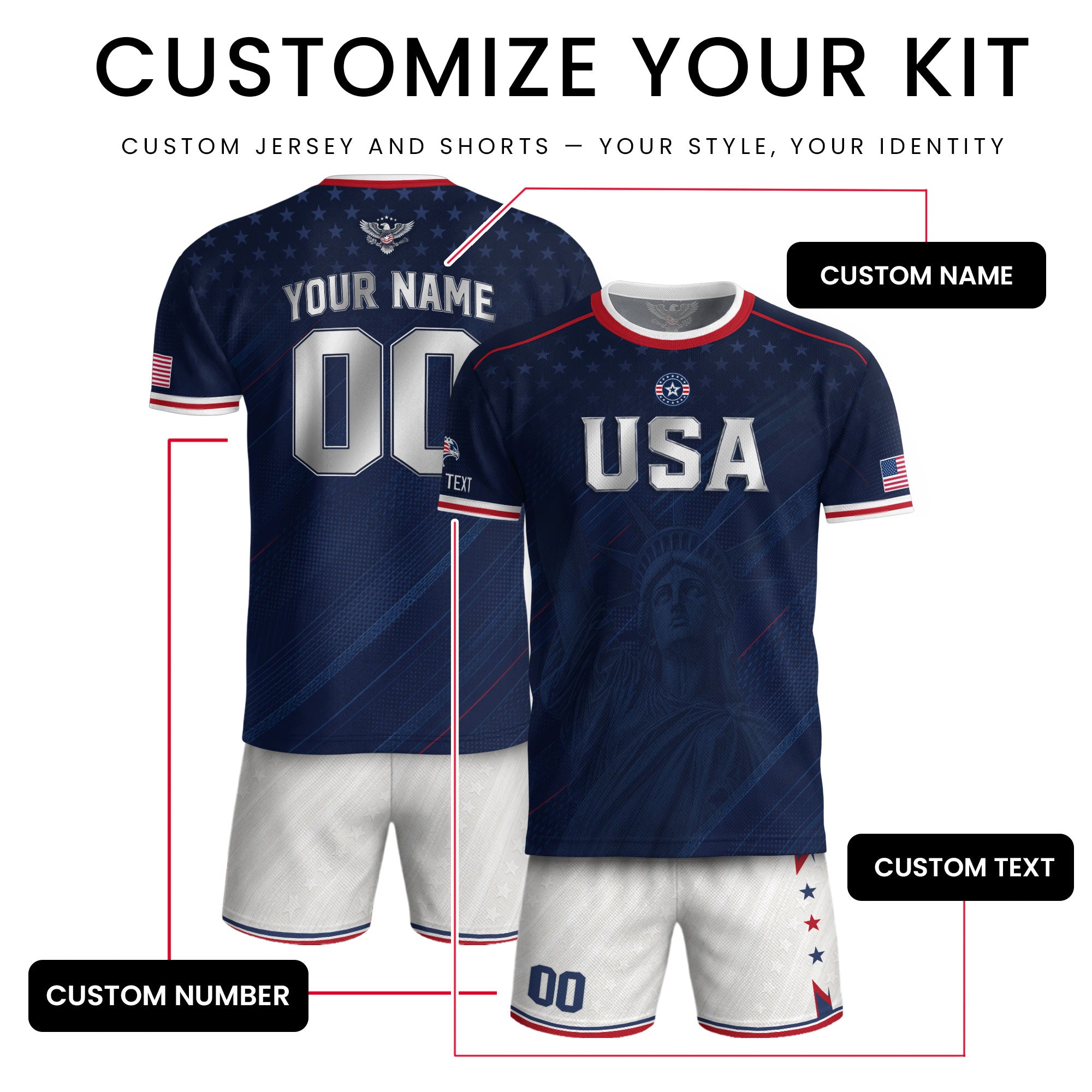 Custom Name Number USA Soccer Jersey Liberty Patriotic Navy Blue Football Team Shirt
