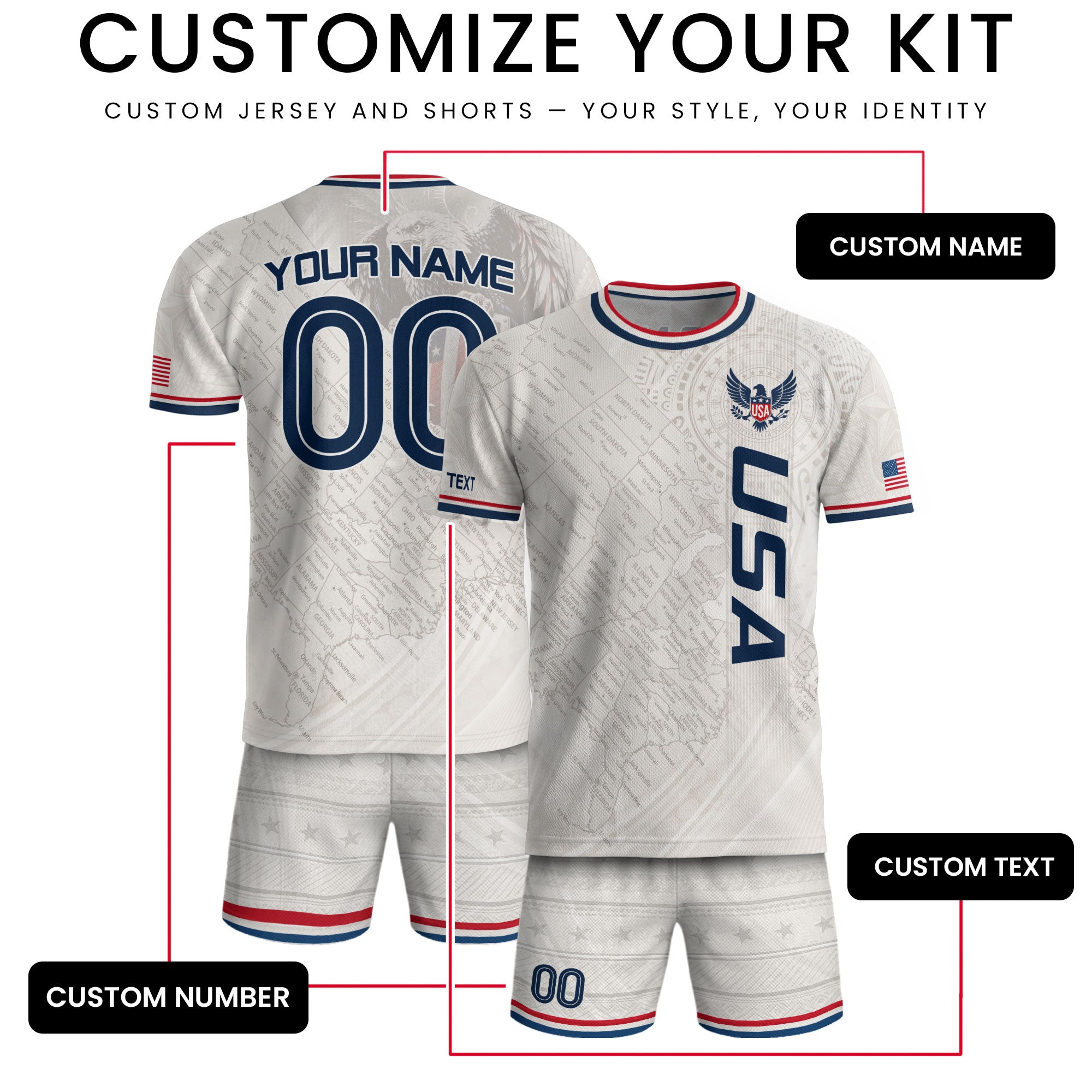 Customized USA Soccer Jersey Crewneck Vintage Map Patriotic Graphic Tee Athletic Top