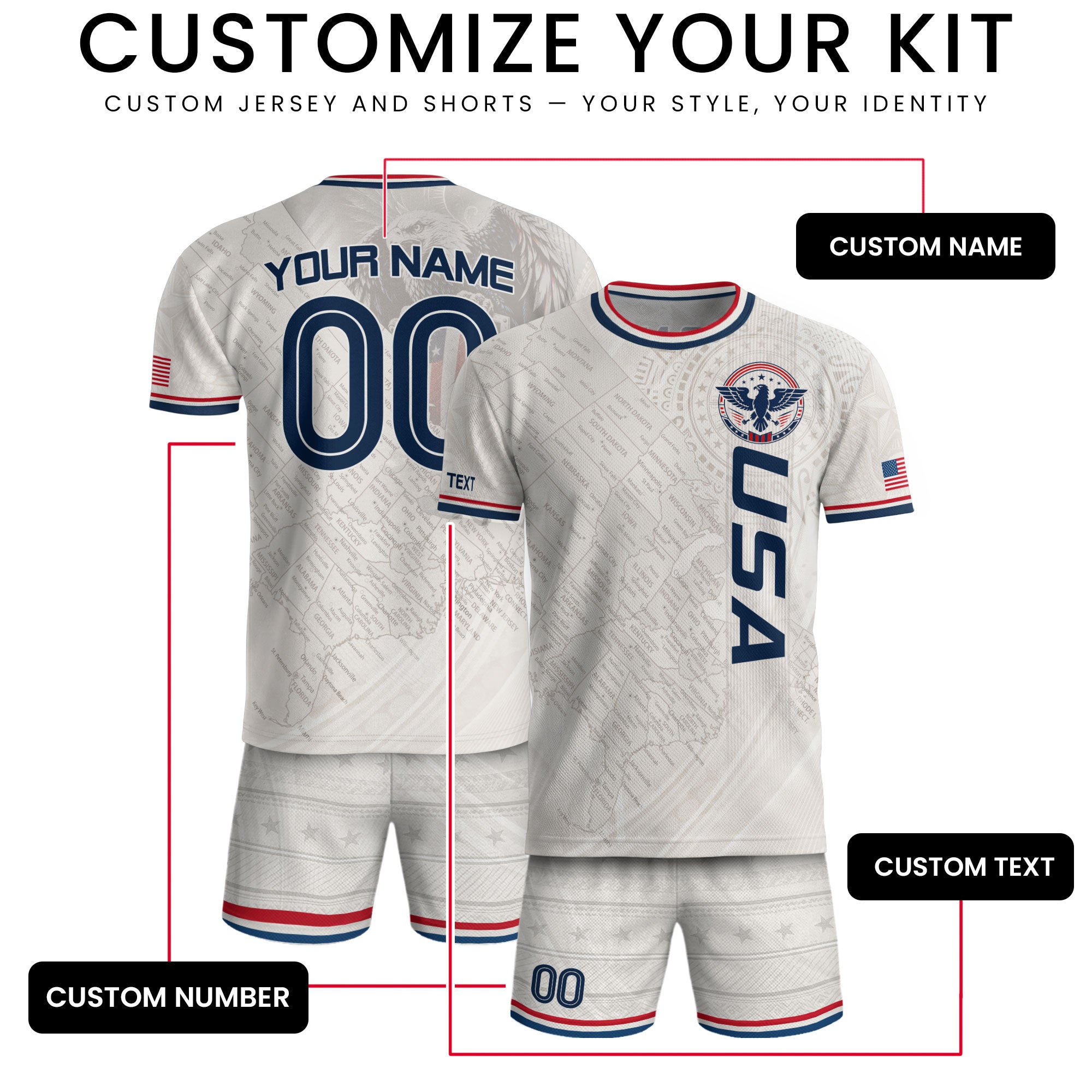 Customized USA Soccer Jersey Crewneck Vintage Map Patriotic Graphic Tee Athletic Top