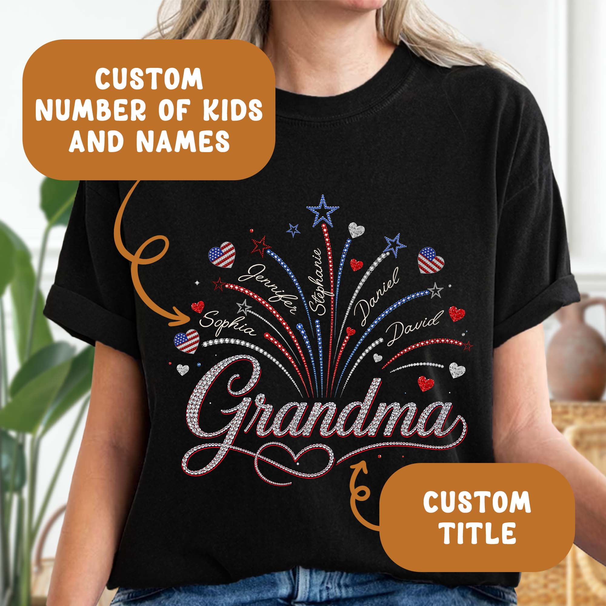 Heart Fireworks Holiday Shirts Custom Kids Names Personalized Title All Ages Apparel