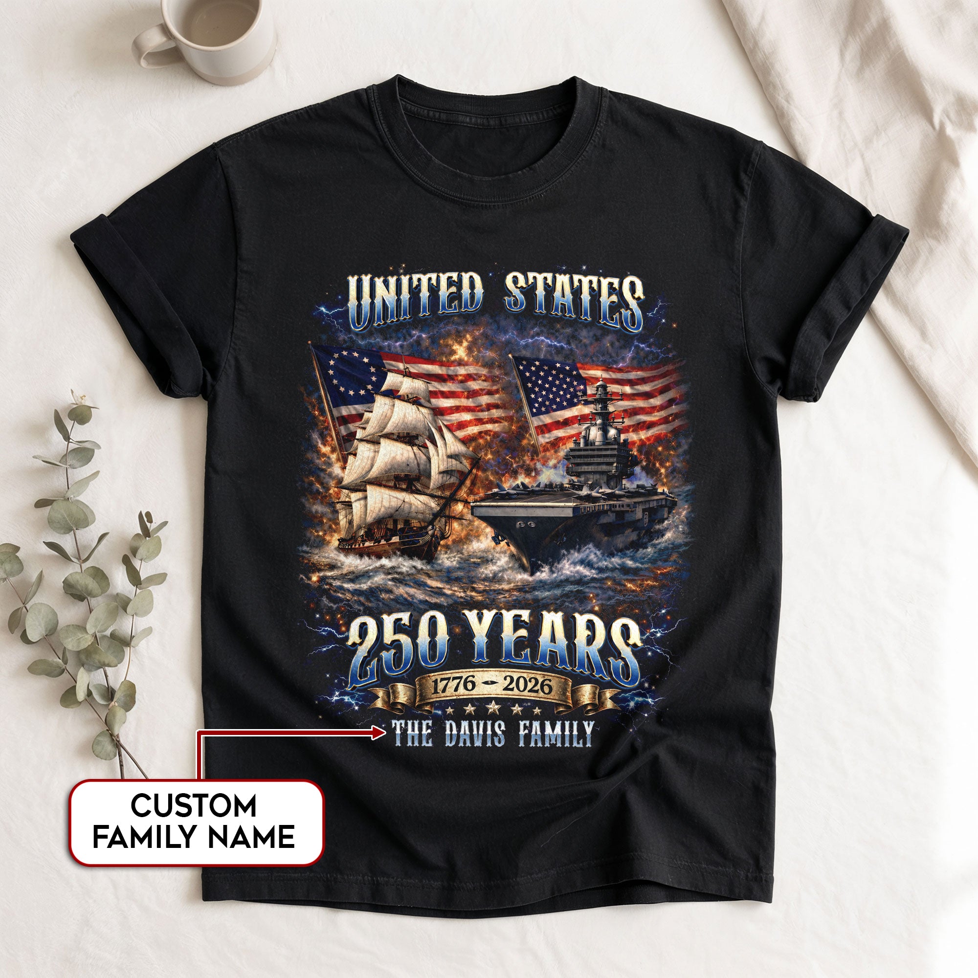 Warship Sailing Vessel Holiday Graphic Tee Customized Custom Family Name USA Shirts