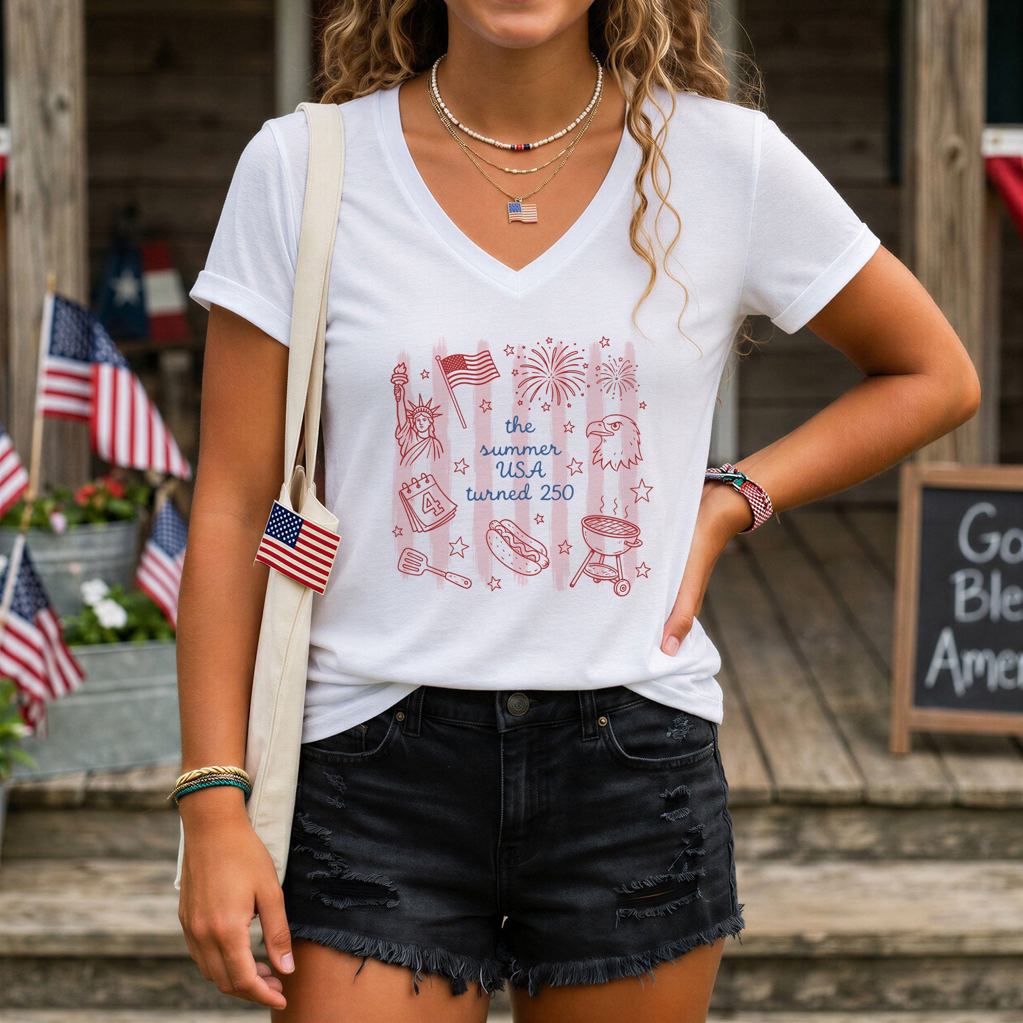 The Summer USA Turned 250 V-Neck Shirt Patriotic Women's Holiday Graphic Tee 2026