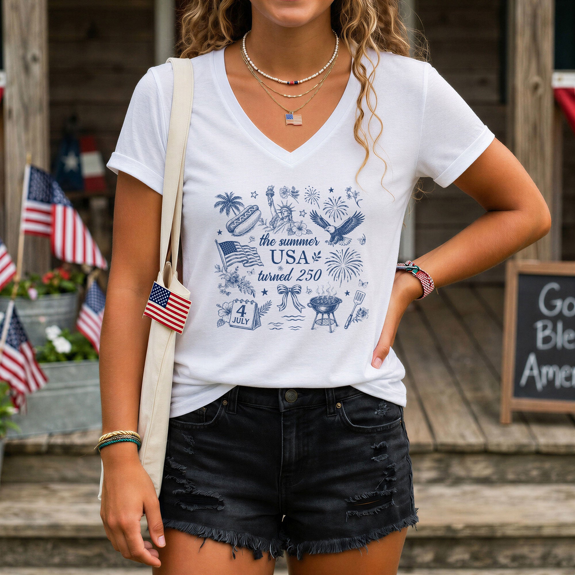 250th Anniversary V-Neck Tee Patriotic Women's The Summer USA Turned 250 Shirt