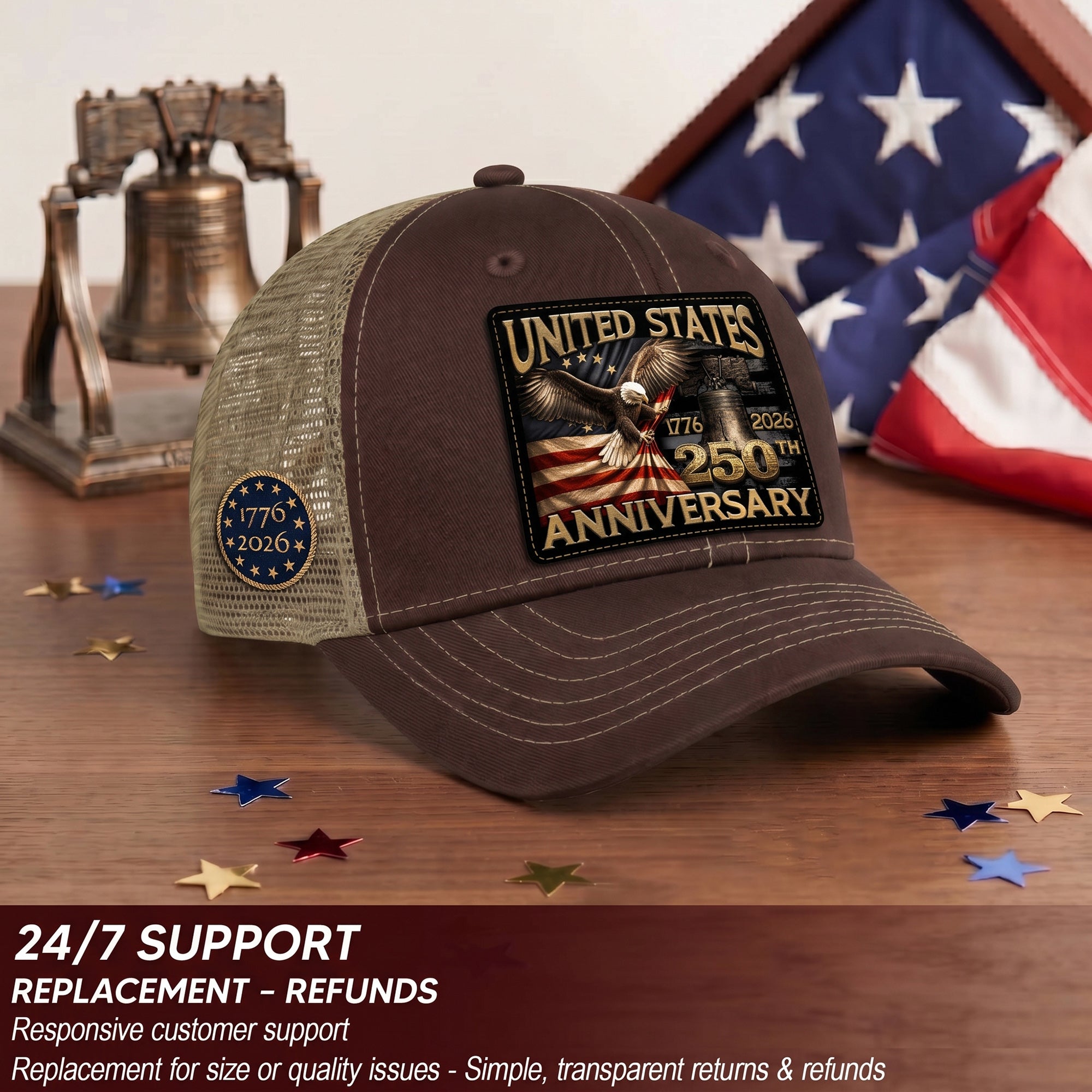 US 250th Anniversary Eagle Trucker Hat Vintage Leather Patch Patriotic Historic Cap