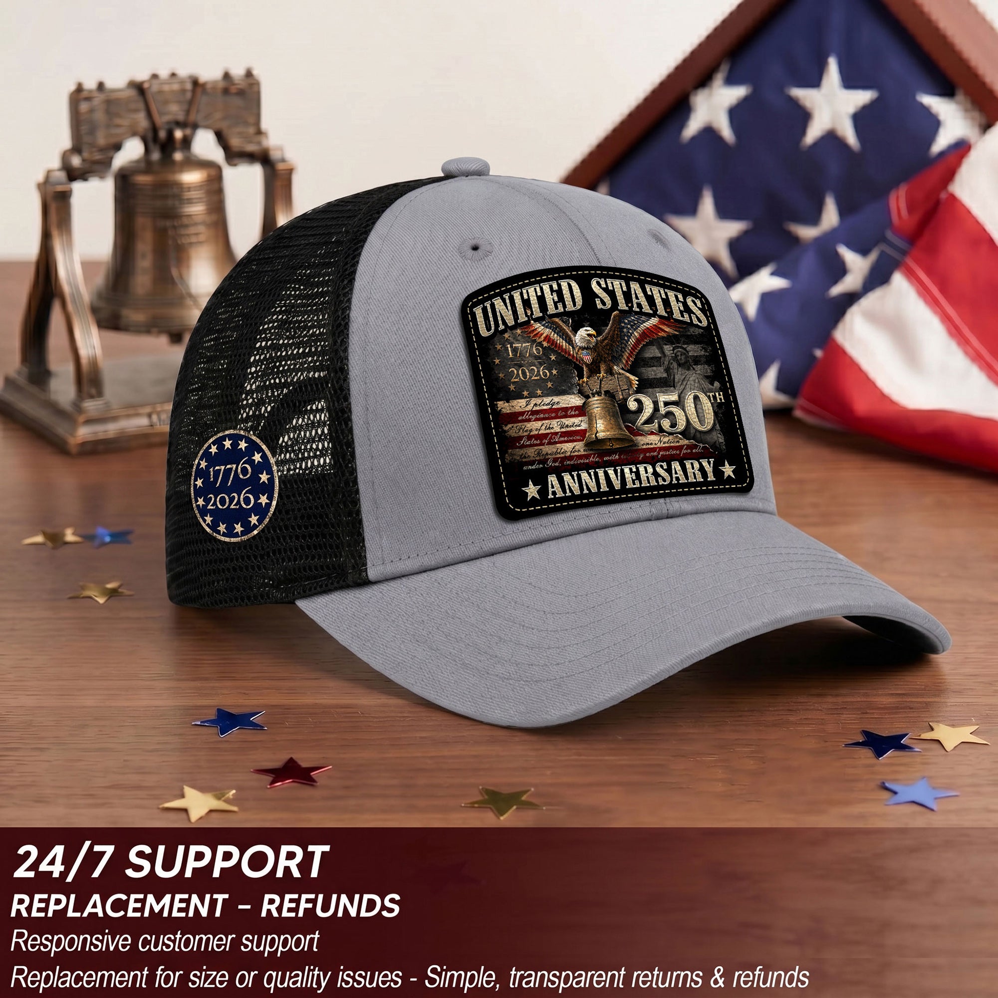 US 250th Anniversary Trucker Hat Statue of Liberty Bell Eagle Patriotic Mesh Cap