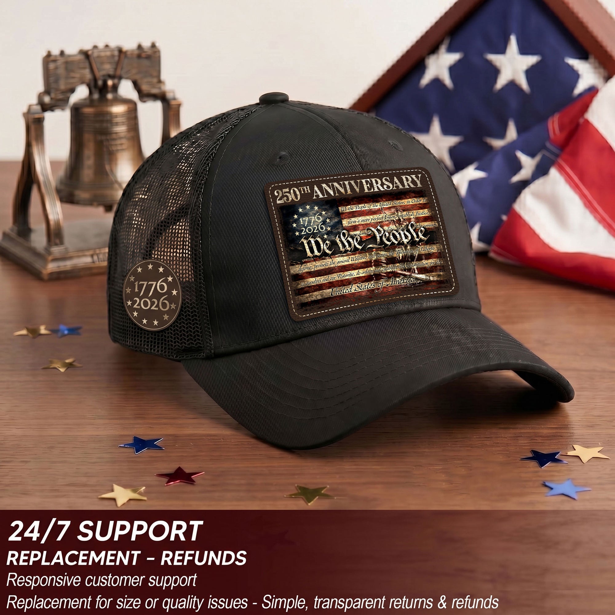 US 250th Anniversary Trucker Hat We The People Constitution Patriotic Leather Patch Cap