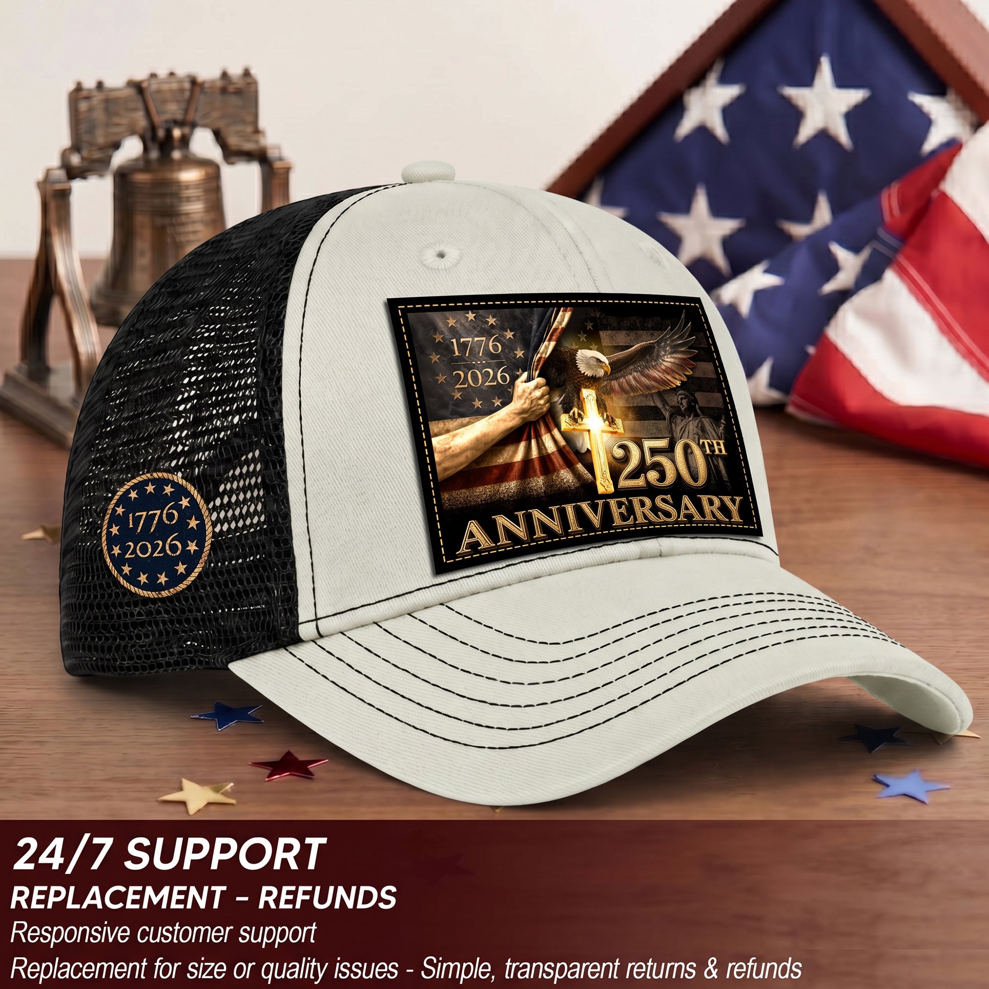 US 250th Anniversary Trucker Hat Christian Cross Eagle Patriotic Leather Patch Mesh Cap