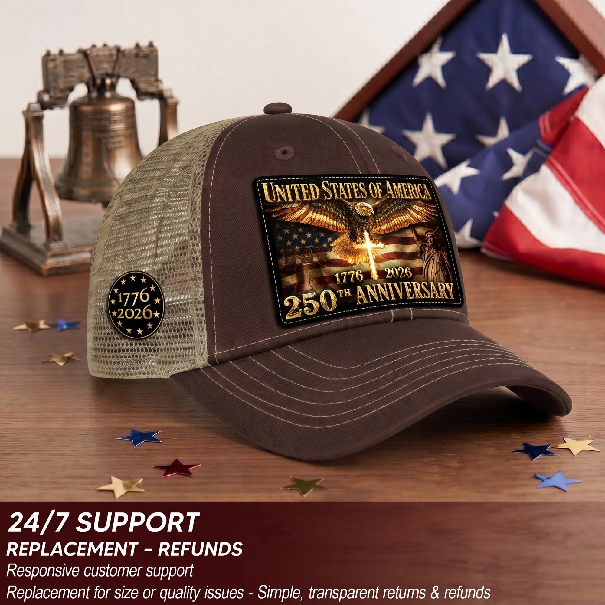 US 250th Anniversary Trucker Hat Christian Cross Eagle Liberty Bell Patriotic Mesh Cap