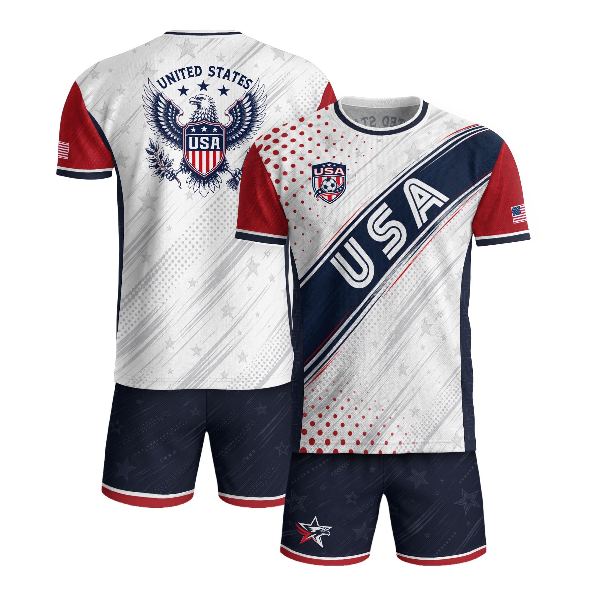 Adult USA Soccer Jersey White Navy Patriotic Diagonal Sash Polka Dot United States Tee