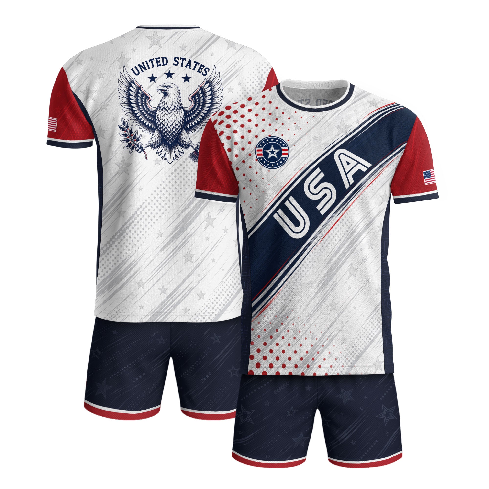 Adult USA Soccer Jersey White Navy Patriotic Diagonal Sash Polka Dot United States Tee