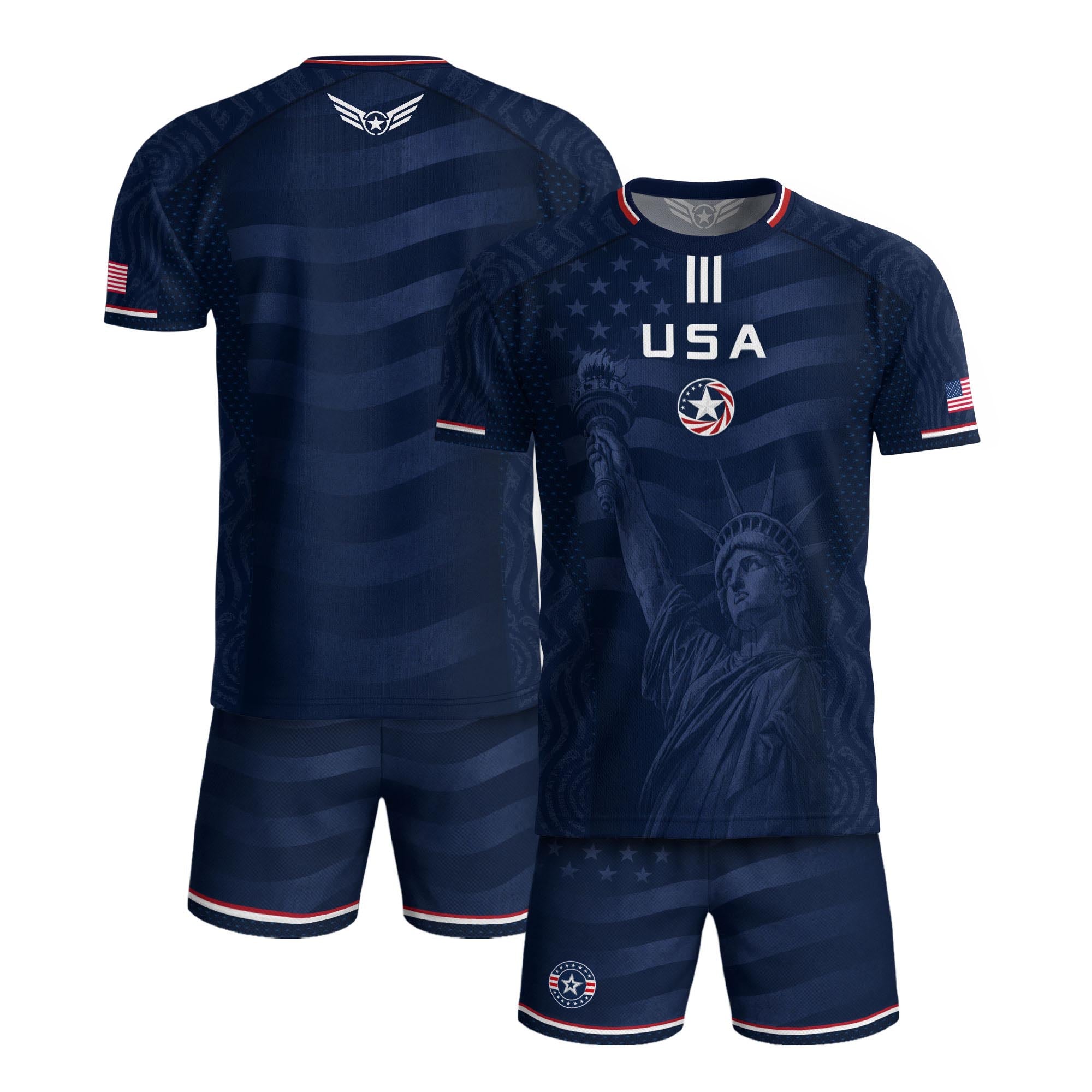 Adult USA Soccer Jersey Navy Patriotic Statue of Liberty Artistic Graphic Football Tee