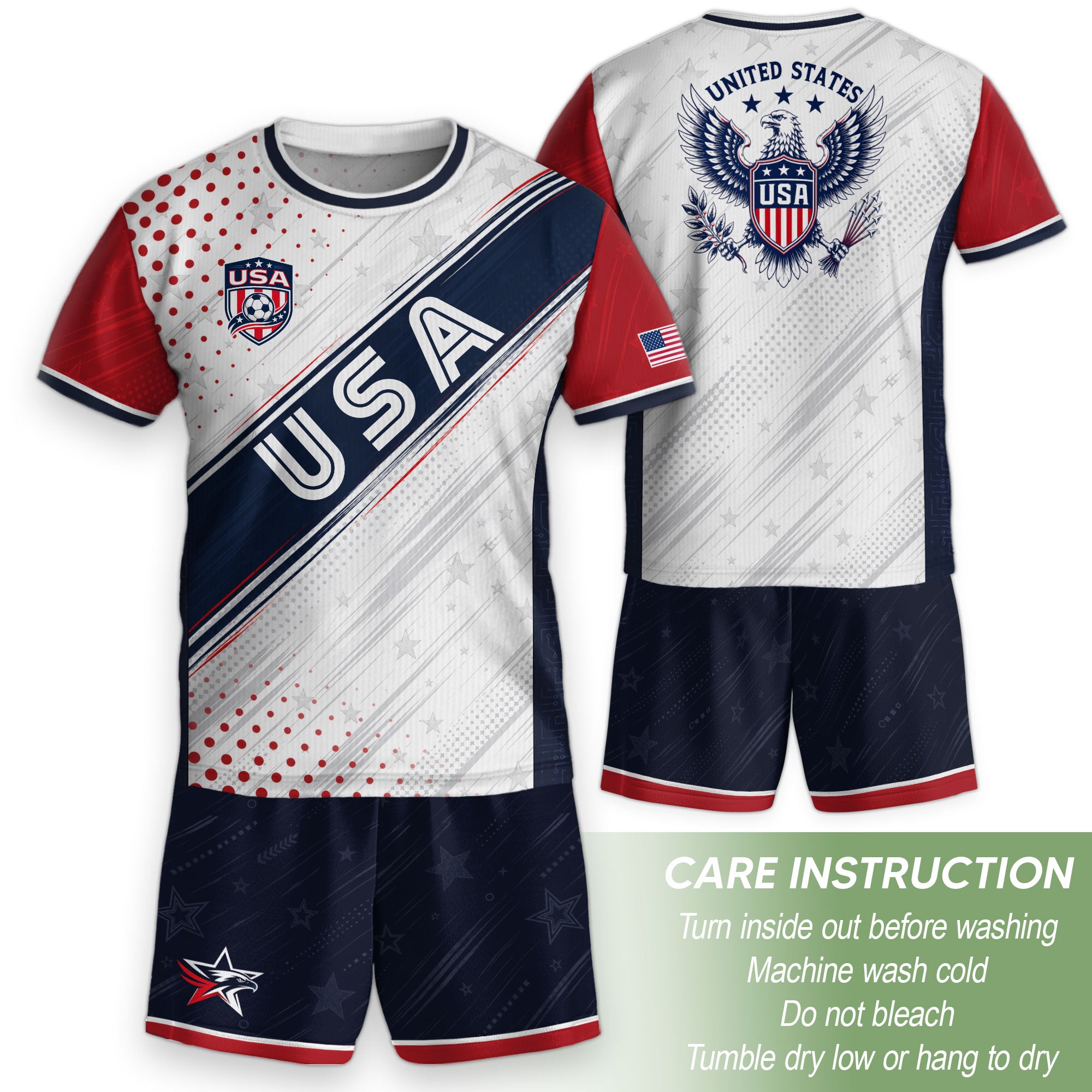 Kids USA Soccer Jersey Youth Patriotic White Navy Diagonal Sash Polka Dot Sport Shirt