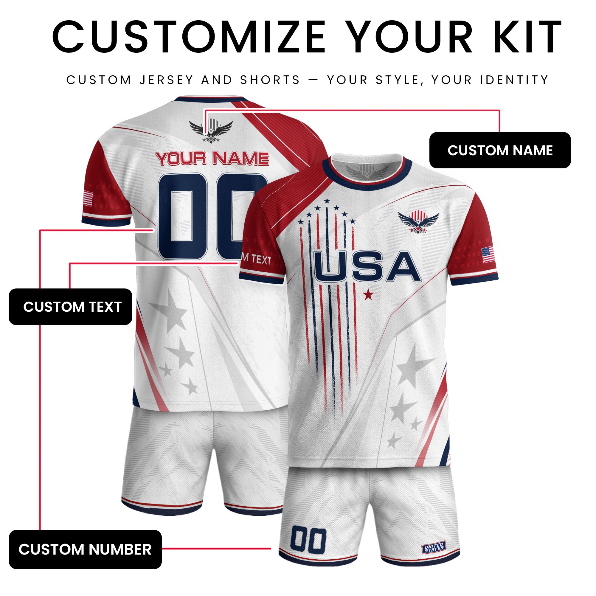 Custom USA Soccer Jersey Men White Red Personalized Name Number Football Shirt