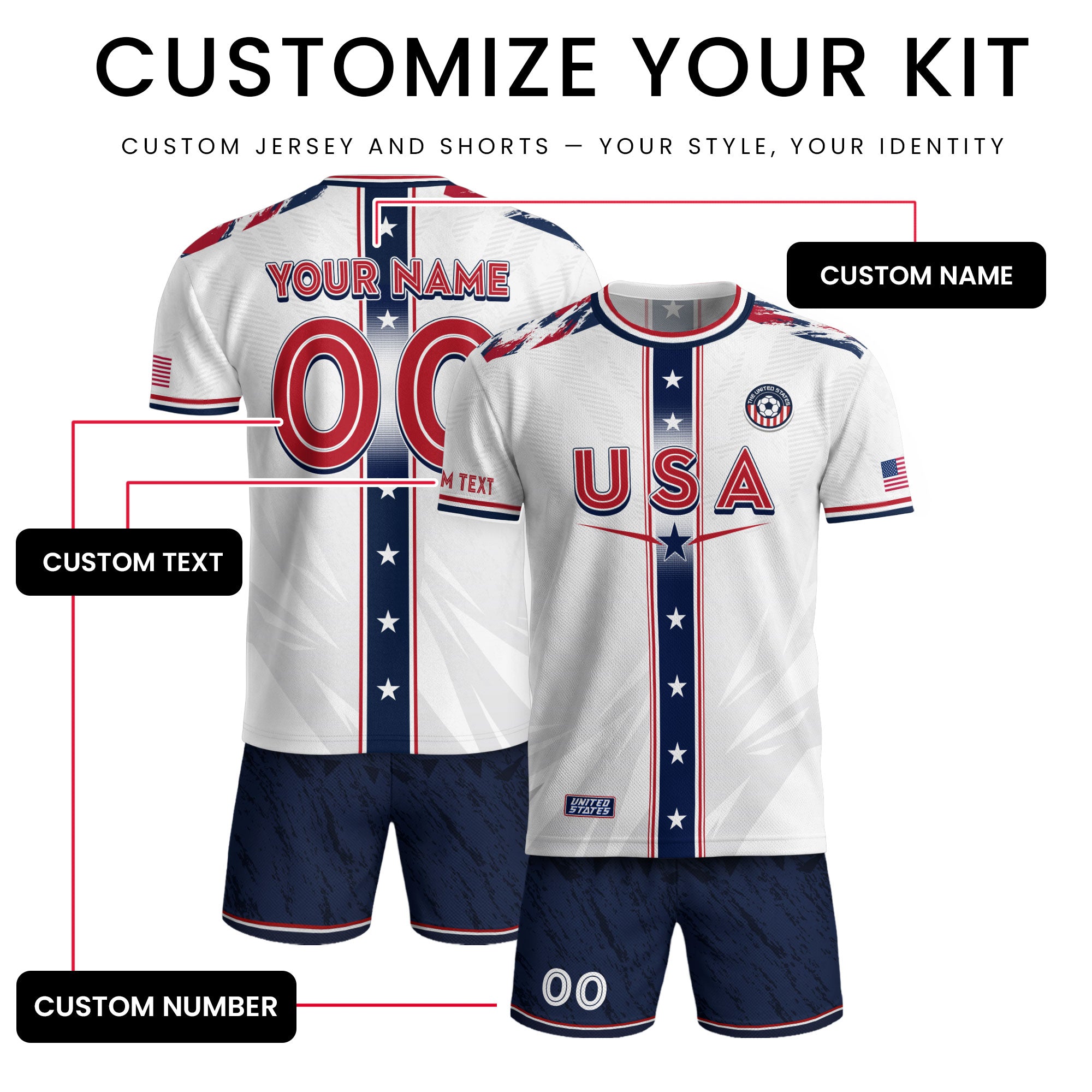 Custom USA Adult Soccer Jersey White Star Stripe Name Number Football Shirt