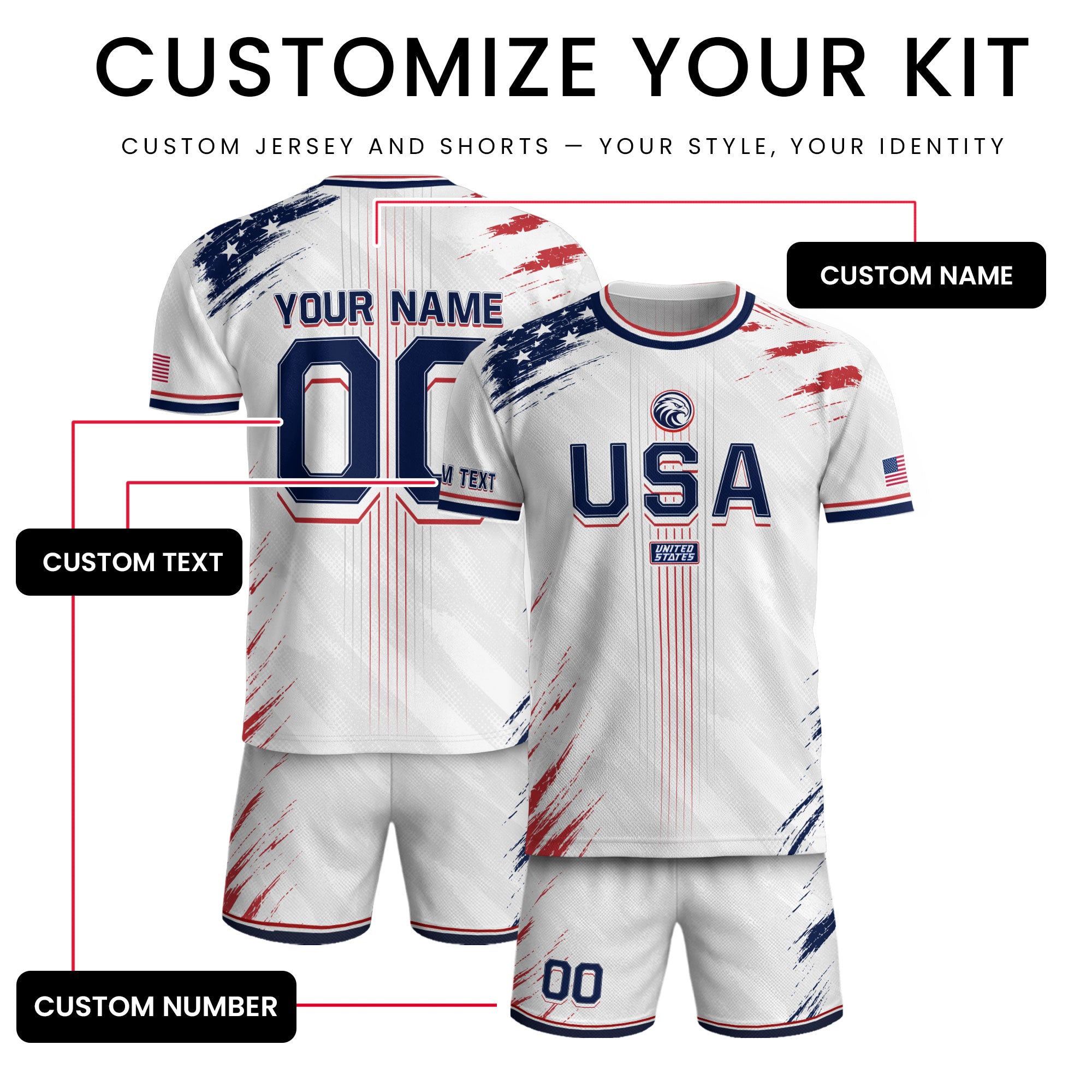 Custom USA Soccer Jersey Men White Brush Stroke Name Number Football Shirt