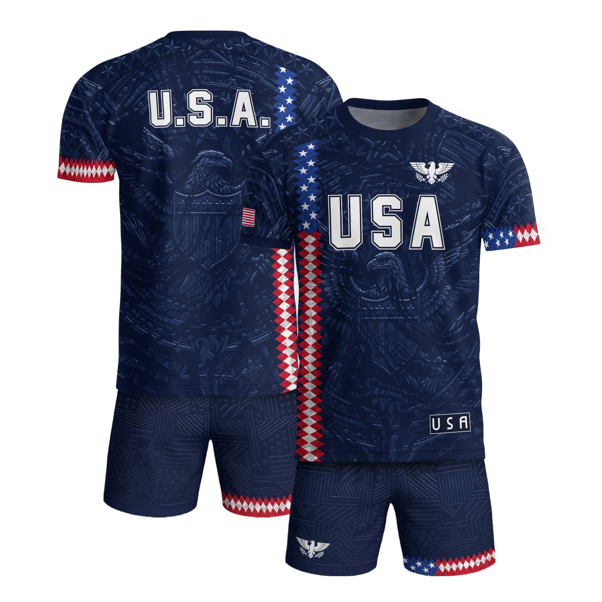 USA Soccer Jersey Men Navy Blue Eagle Flag Pattern Patriotic Football Shirt - Rust Field Wear