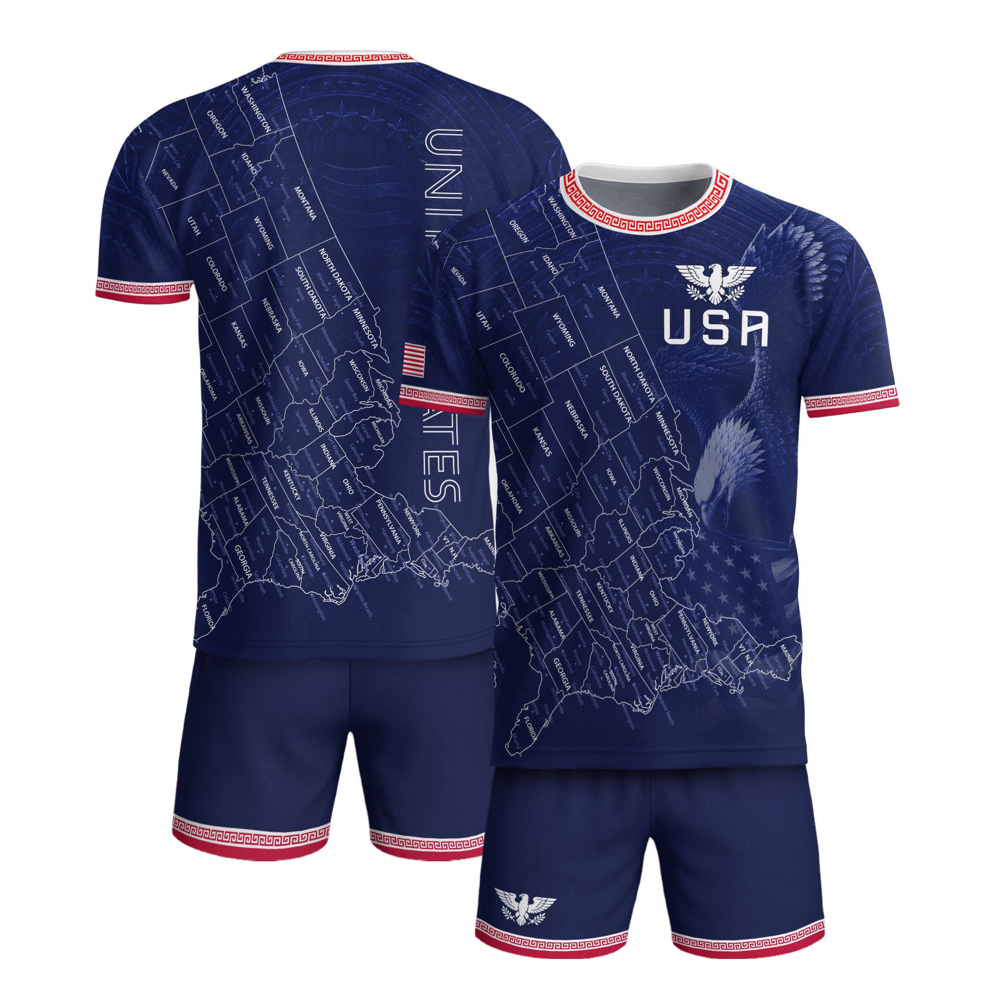 USA Soccer Jersey Men Navy Blue Eagle Map Graphic Patriotic Football T-Shirt - Rust Field Wear