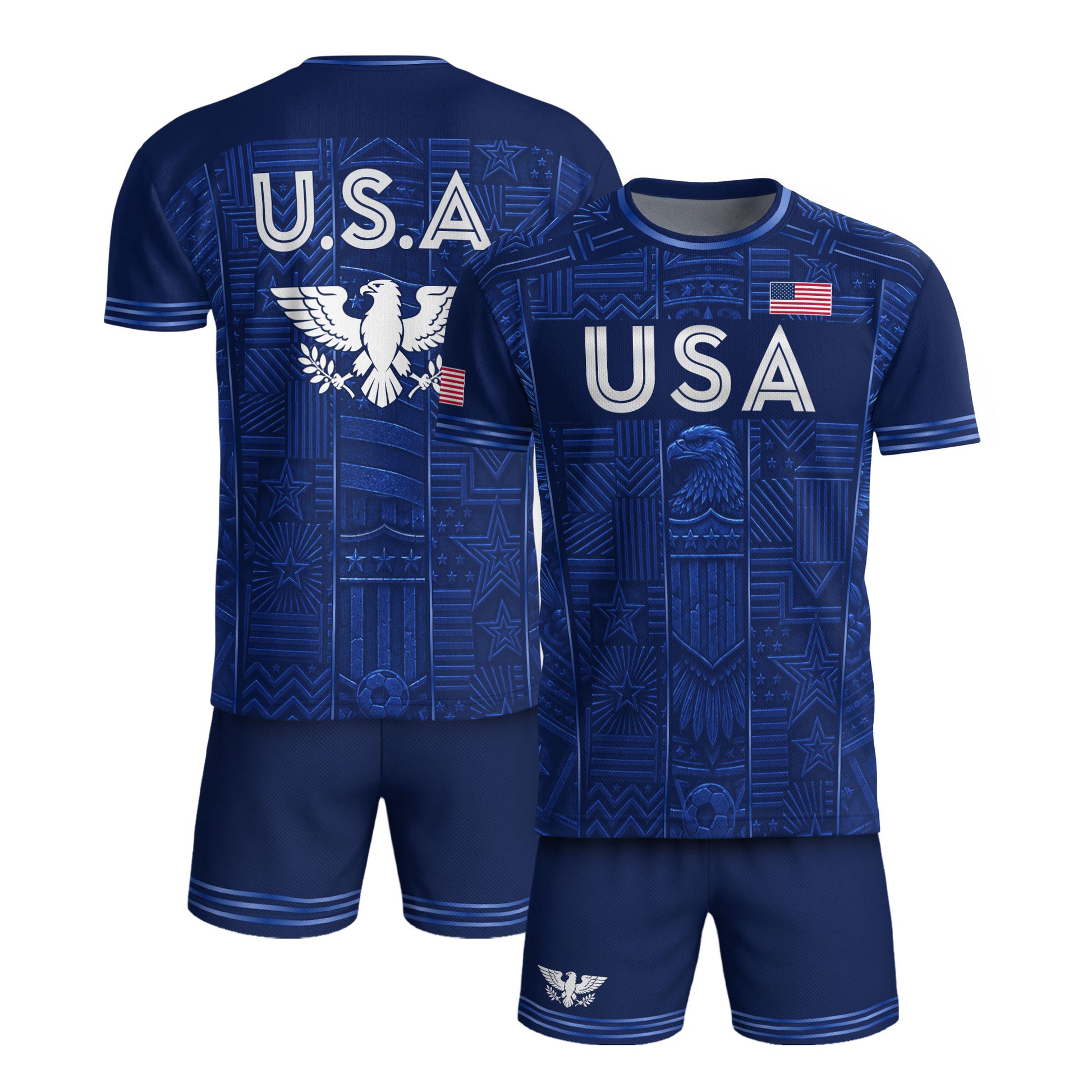 USA Soccer Jersey Men Navy Blue Eagle Star Pattern Patriotic Football T-Shirt - Rust Field Wear