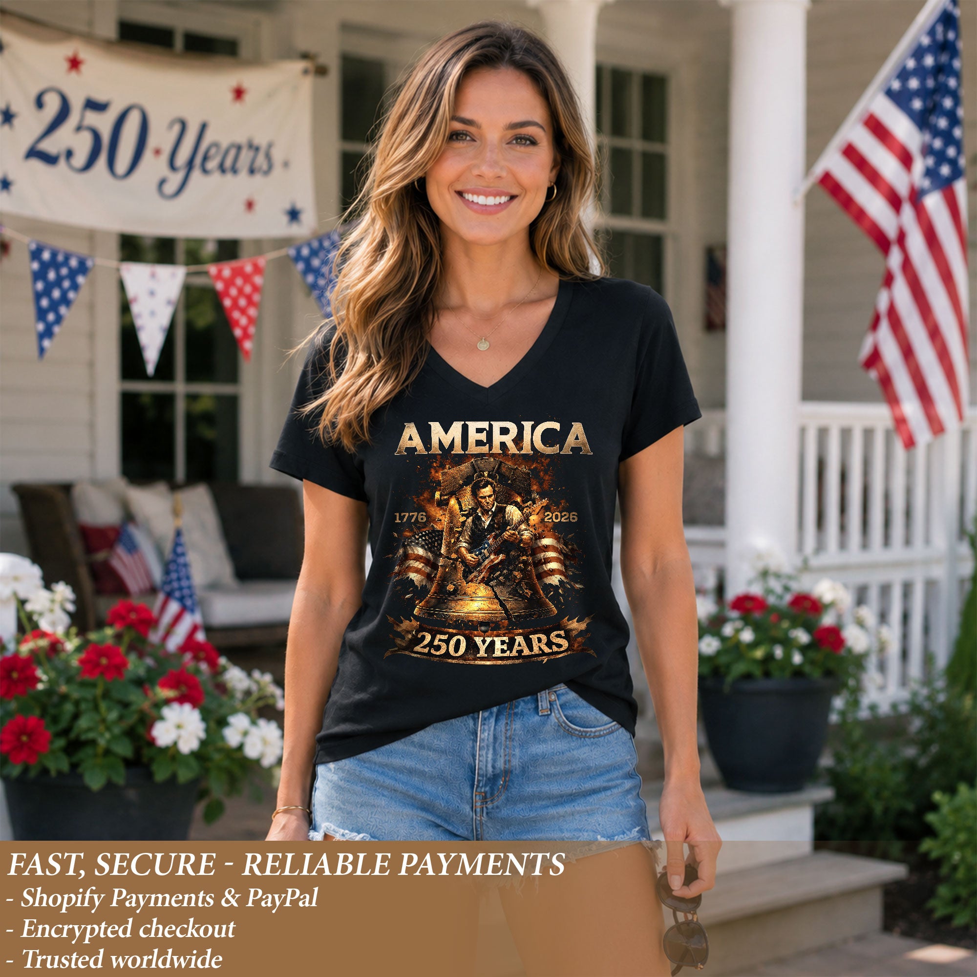 Liberty Bell Guitar V Neck Women T-Shirt Patriotic 1776-2026 America 250 Years Black Tee