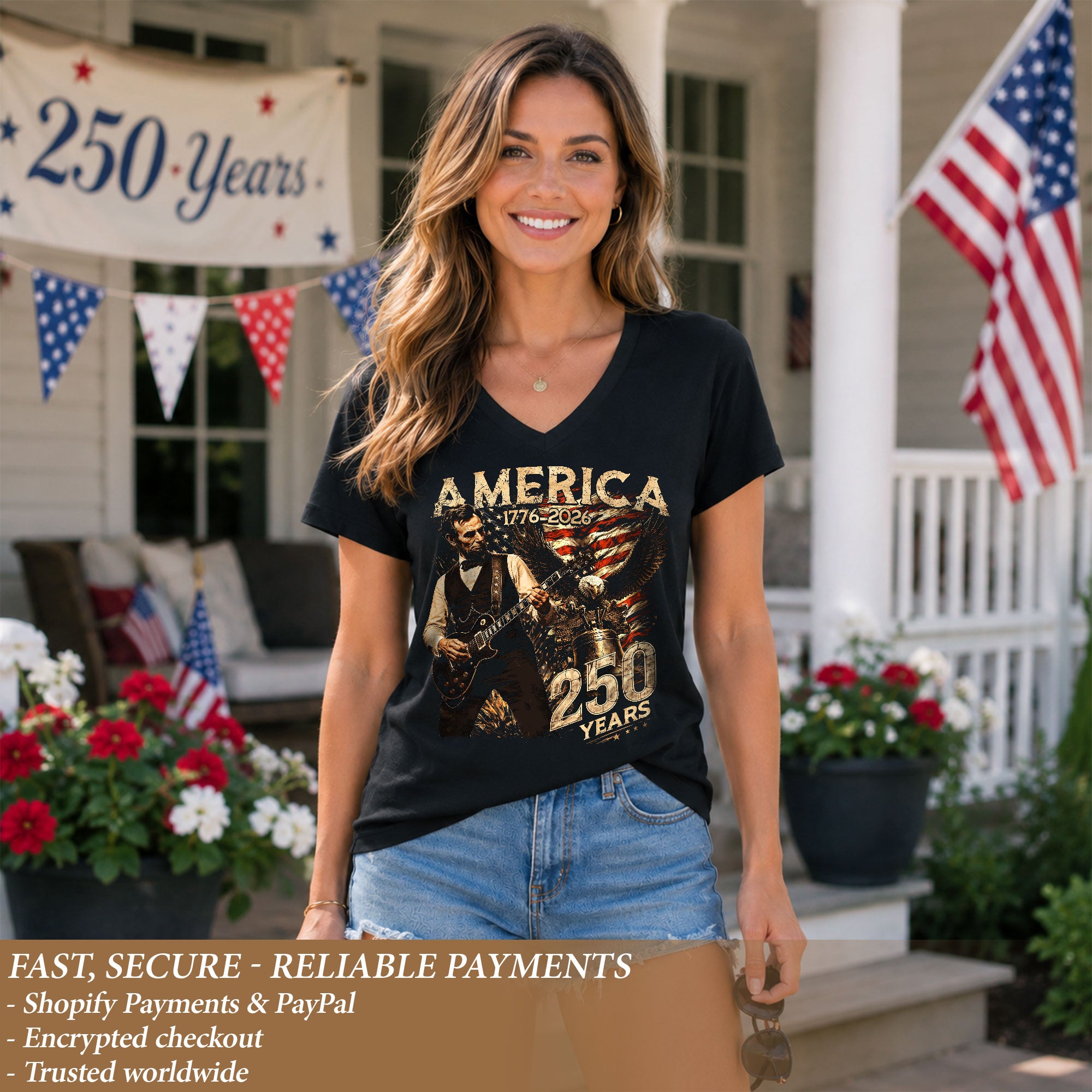 Vintage Lincoln V-Neck Shirt Patriotic Eagle 1776-2026 America 250 Years Women