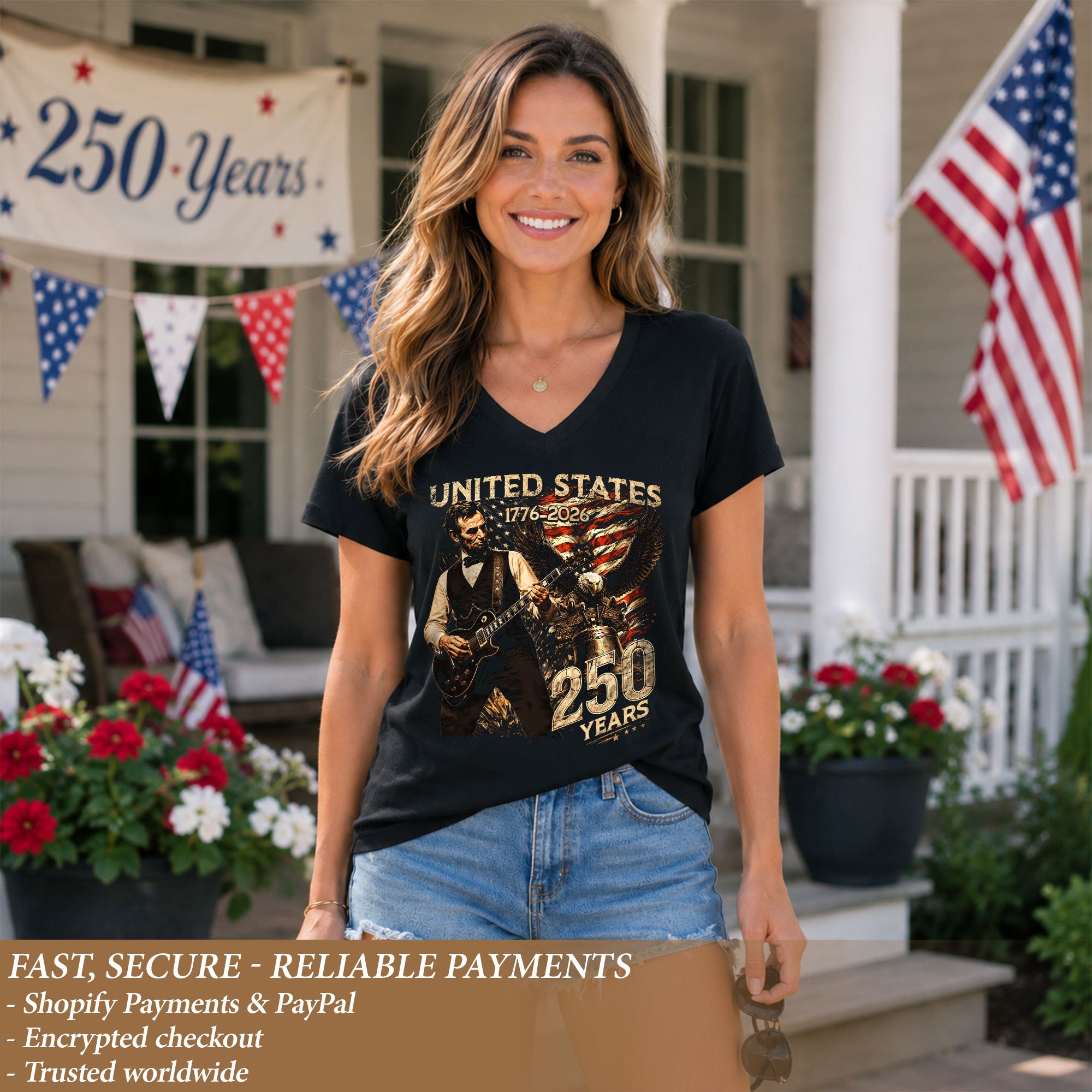 Vintage Lincoln V-Neck Shirt Patriotic Eagle 1776-2026 America 250 Years Women