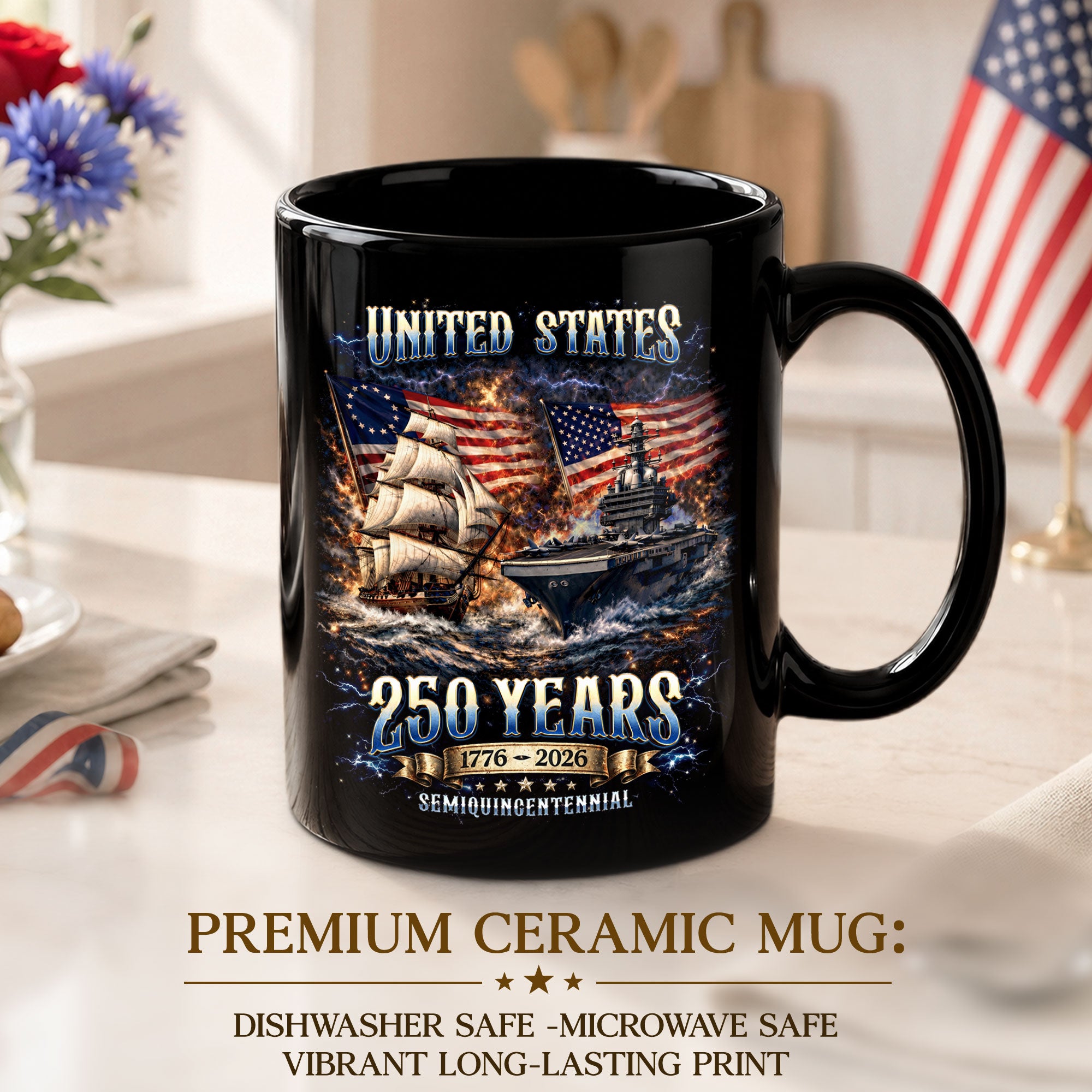 United States 250 Years Mug - 1776 2026 Patriotic Navy Ship Aircraft Carrier Cup