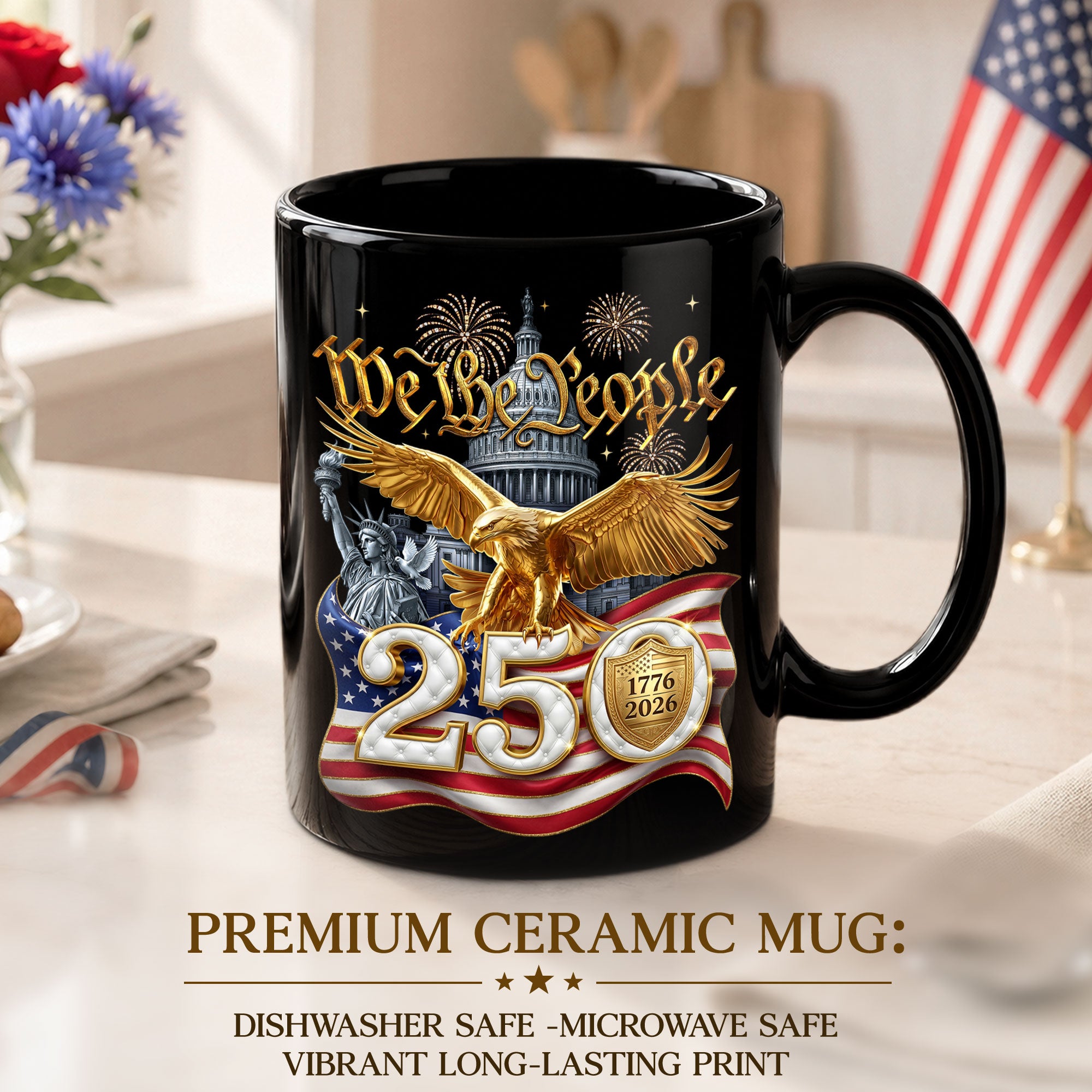We The People 1776-2026 Mug - Retro Patriotic Golden Bald Eagle Ceramic Cup