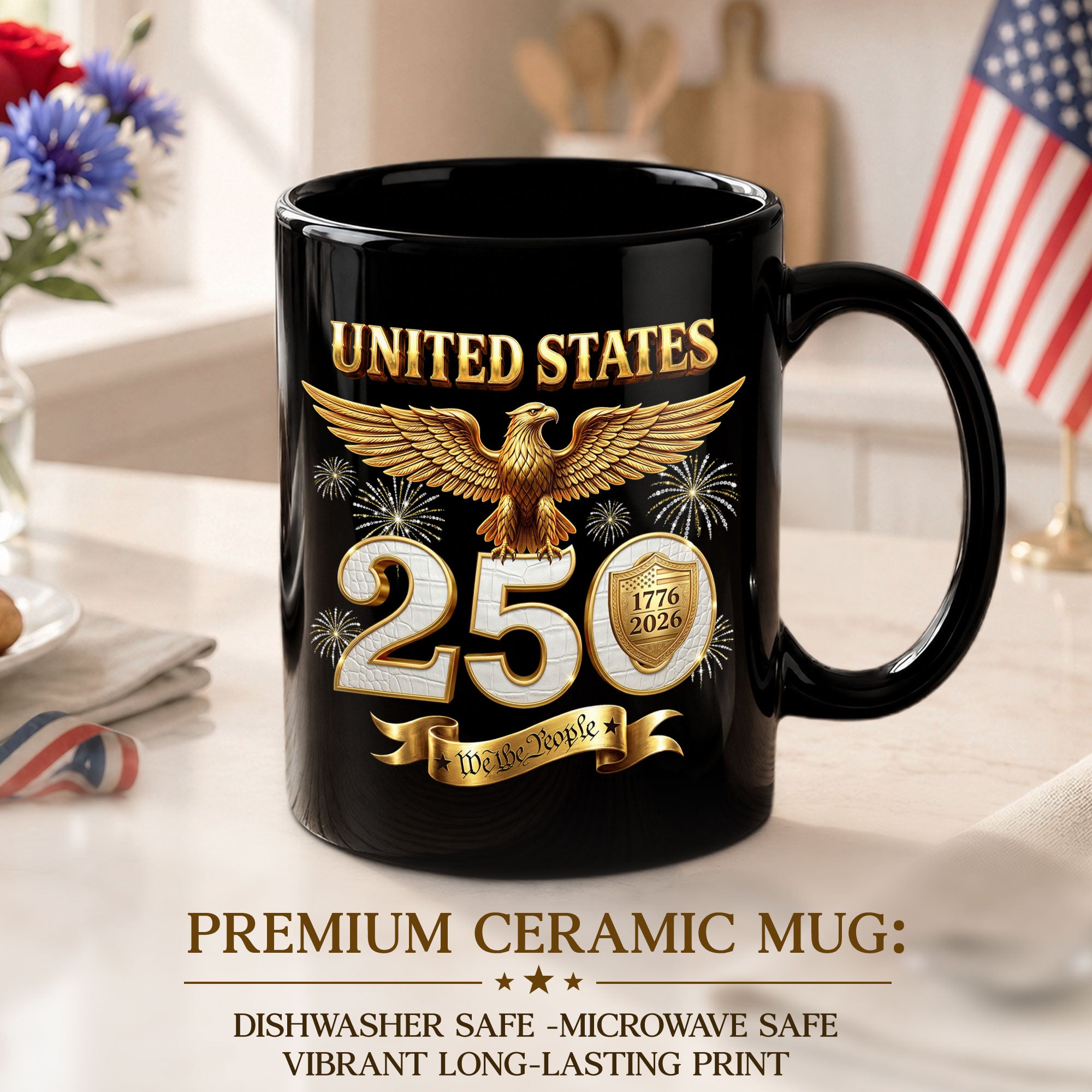 United States 1776 2026 Mug - Golden Patriotic Eagle We The People Ceramic Gift Cup
