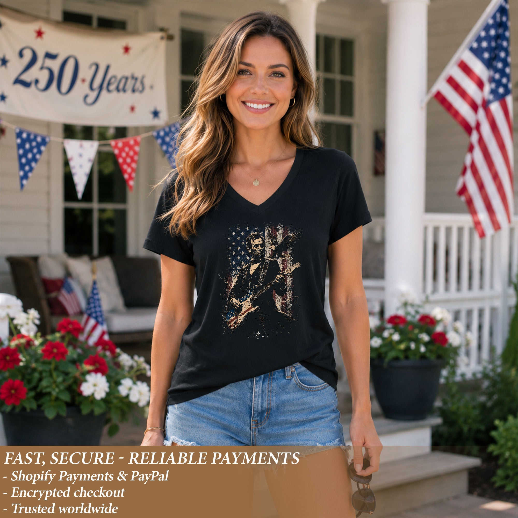 Abraham Lincoln Playing Guitar V-neck Shirt - Patriotic American Flag Graphic Tee