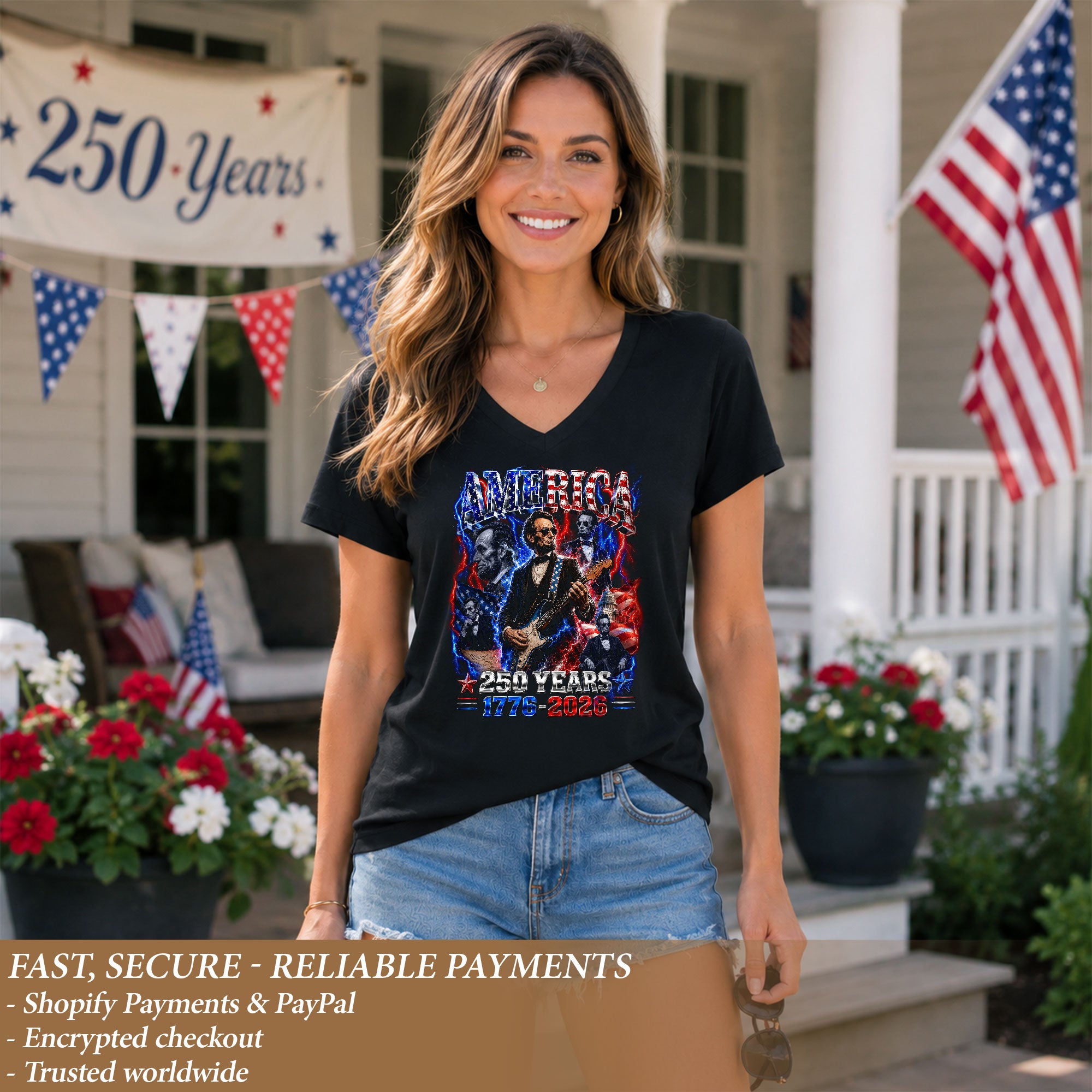 Patriotic Abraham Lincoln Rock Guitar V-neck Shirt - 1776-2026 Historical Graphic Tee