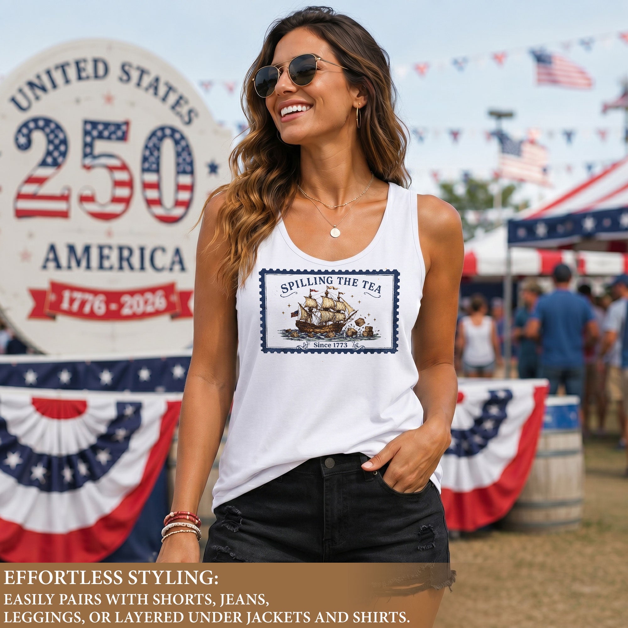 Vintage 1773 Spilling The Tea Graphic Tank Top Women Patriotic Sleeveless Apparel