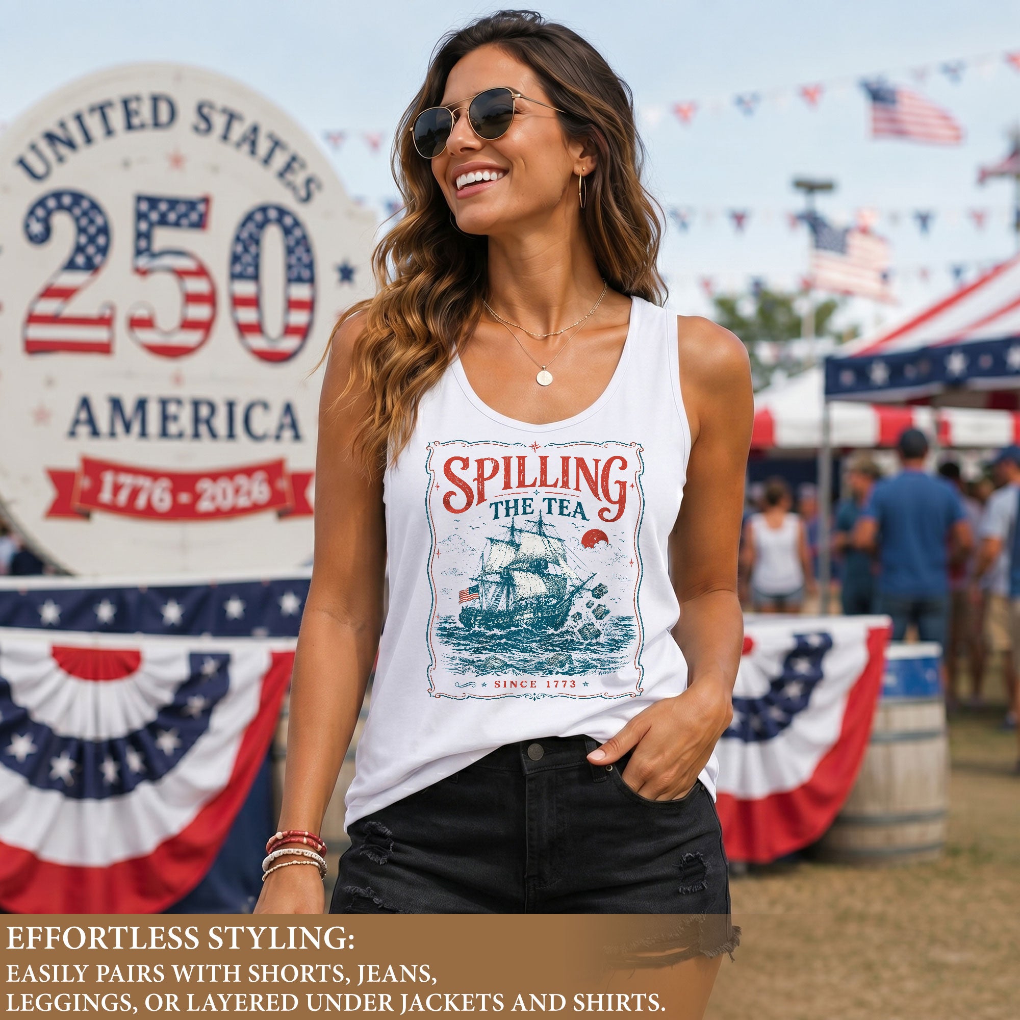 Women Tank Top Spilling The Tea Since 1773 Patriotic Graphic Historical Sleeveless