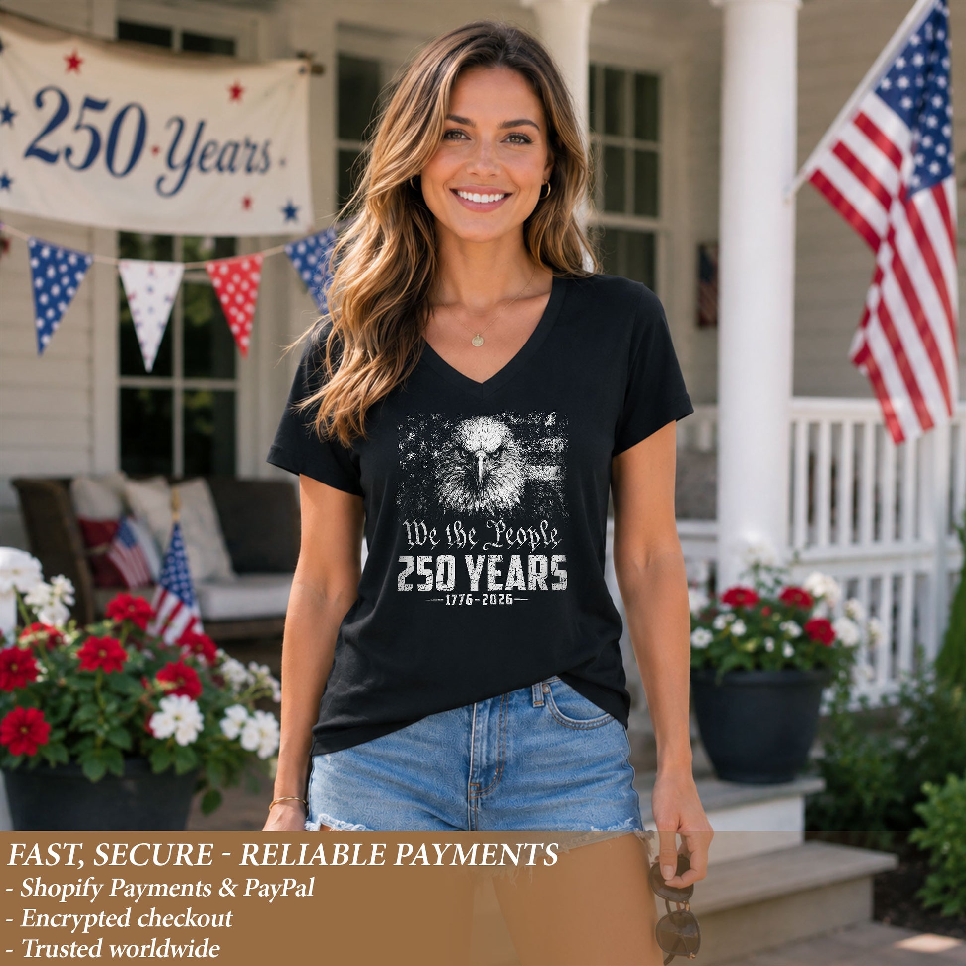 Women's V-Neck Graphic T-Shirt Eagle 1776-2026 Patriotic Design We The People Top - Rust Field Wear